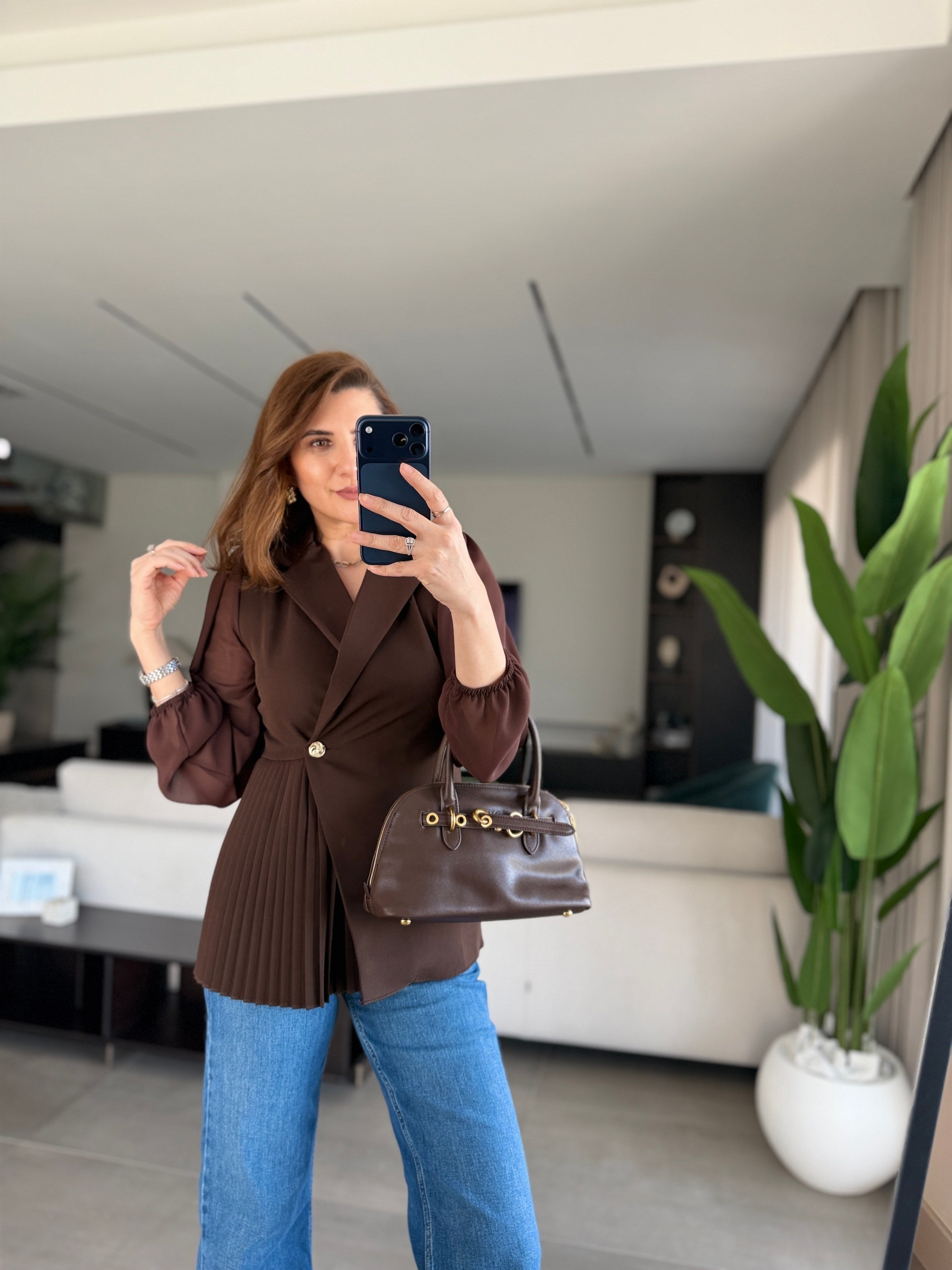 Acı Kahve Pilise Detaylı Şifon Kol Ceket