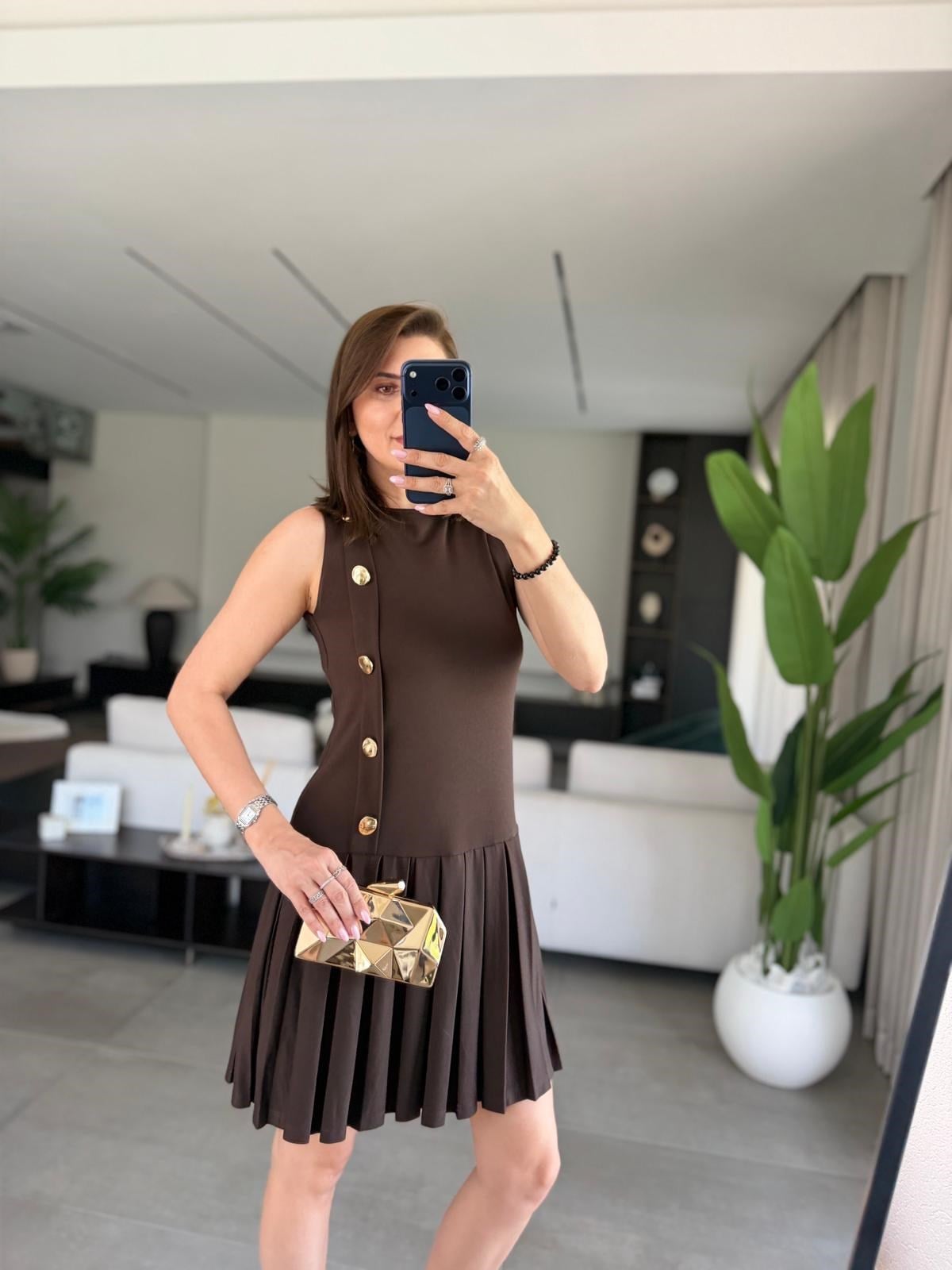 Acı Kahve Pliseli Düğme Detay Elbise