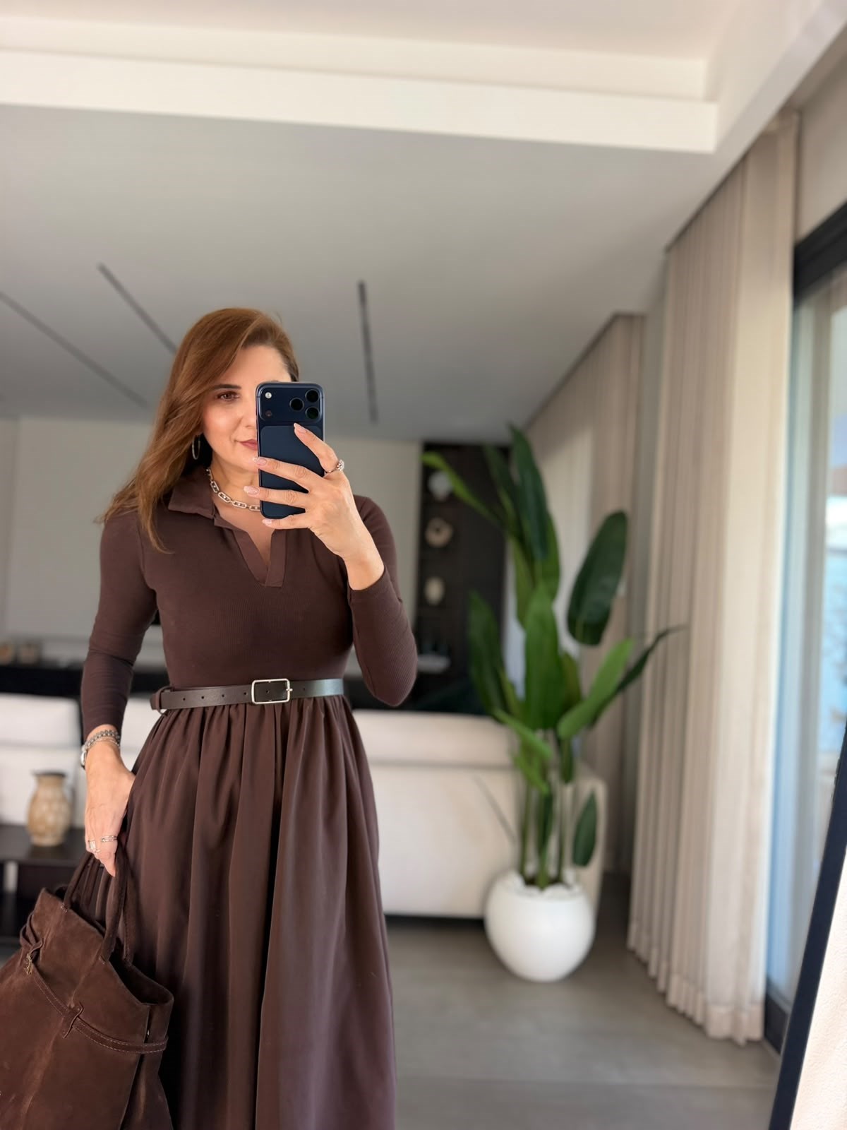 Acı Kahve  Polo Yaka Paraşüt Uzun Kollu Elbise