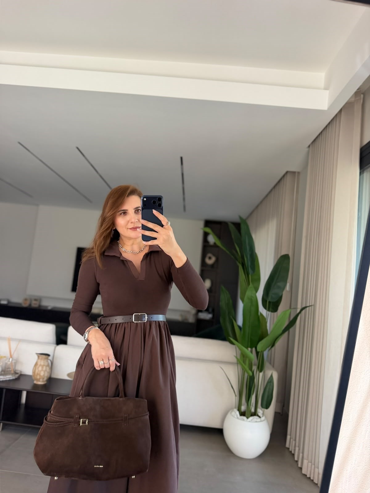 Acı Kahve  Polo Yaka Paraşüt Uzun Kollu Elbise