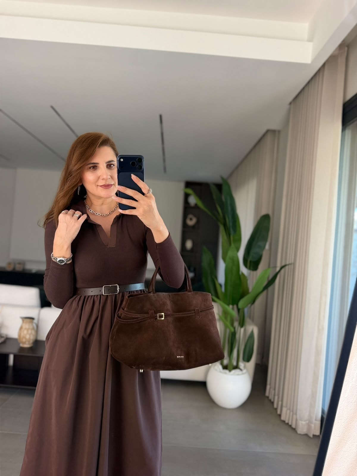 Acı Kahve  Polo Yaka Paraşüt Uzun Kollu Elbise