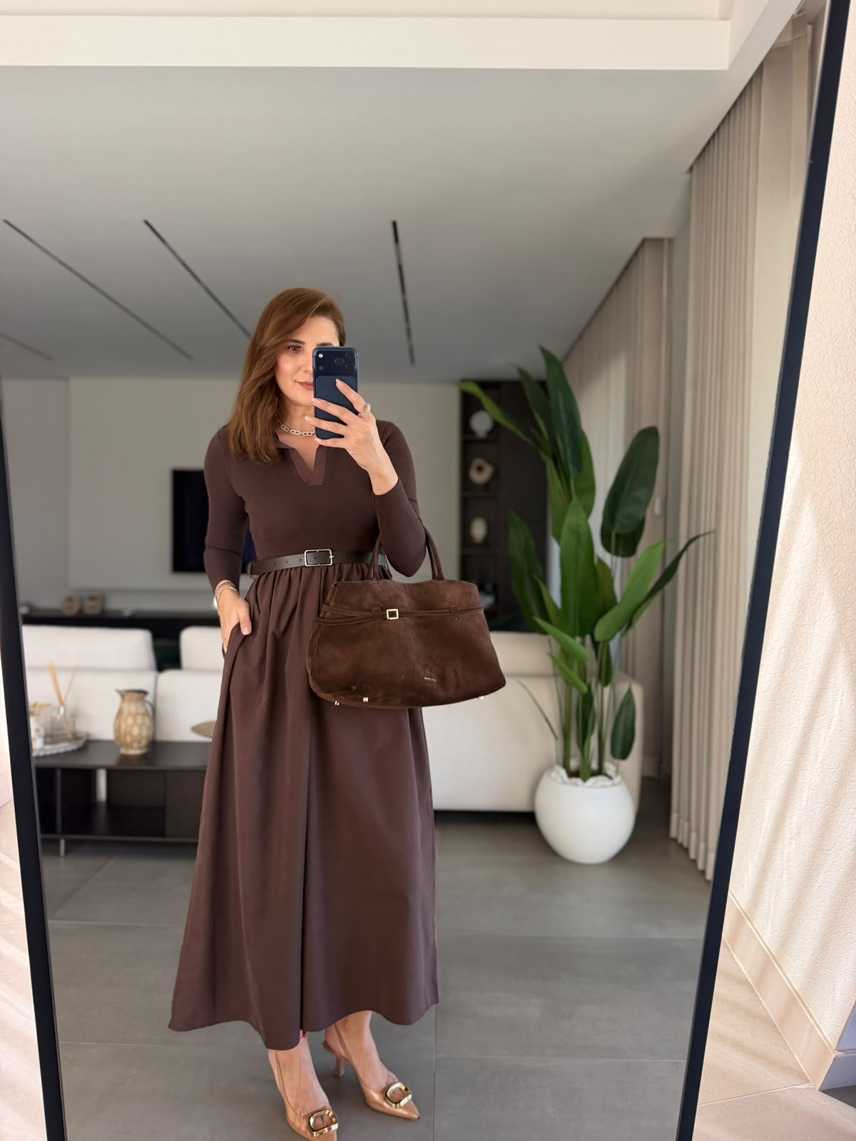 Acı Kahve  Polo Yaka Paraşüt Uzun Kollu Elbise