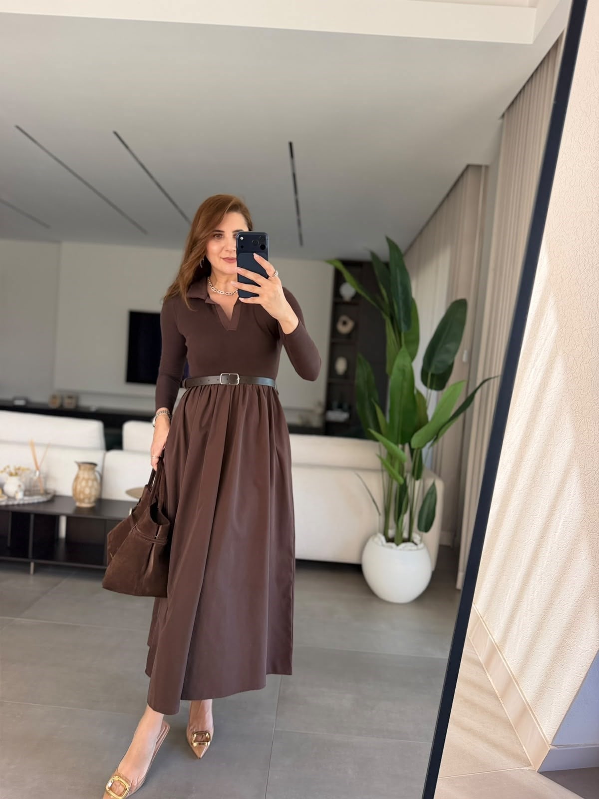 Acı Kahve  Polo Yaka Paraşüt Uzun Kollu Elbise