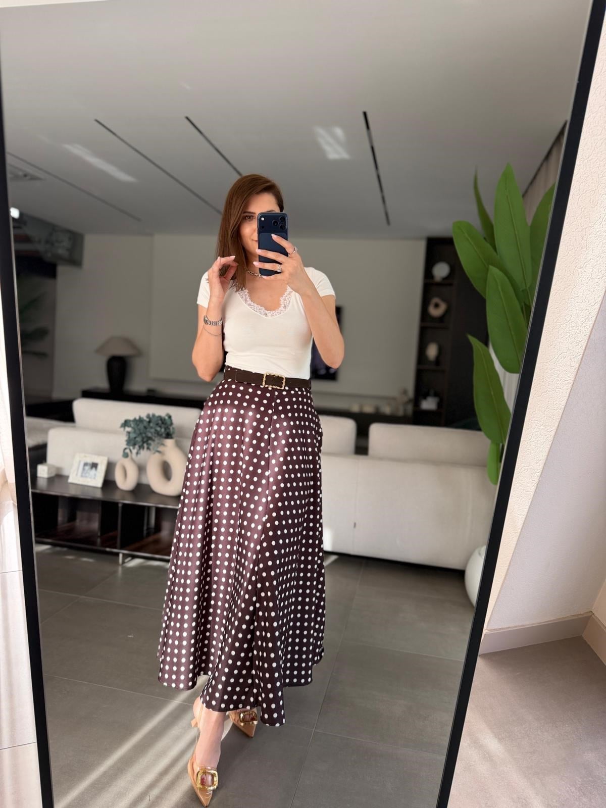 Acı Kahve Puantiyeli Kemer Detaylı Model Etek