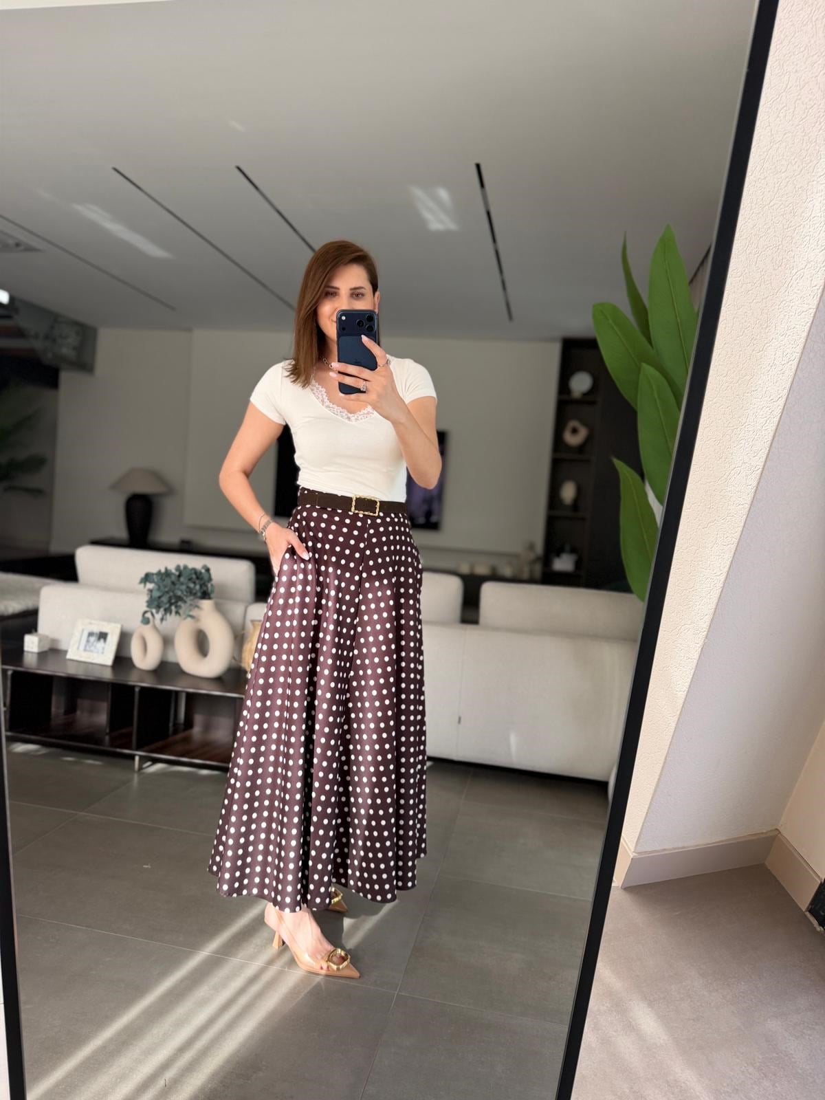 Acı Kahve Puantiyeli Kemer Detaylı Model Etek