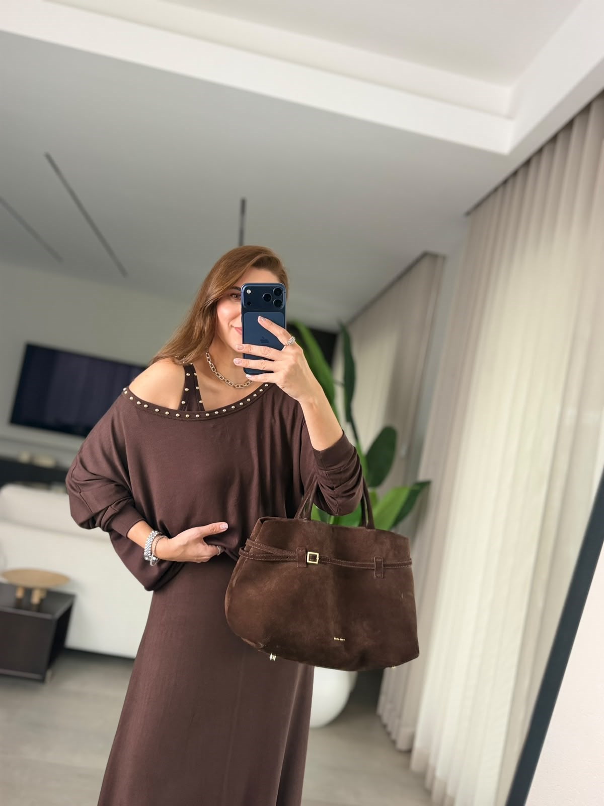 Acı Kahve Rivet Detaylı İkili Elbise