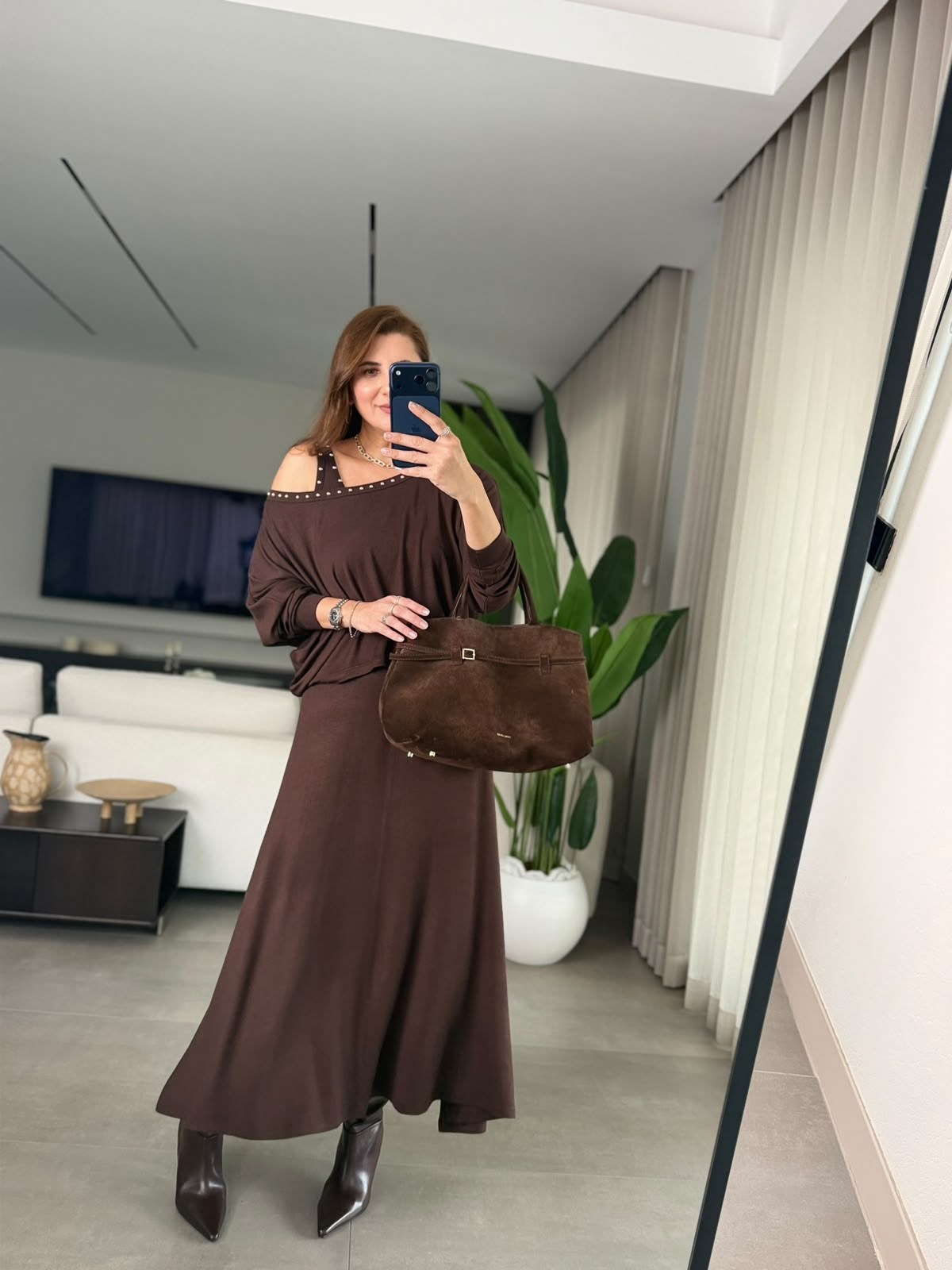 Acı Kahve Rivet Detaylı İkili Elbise