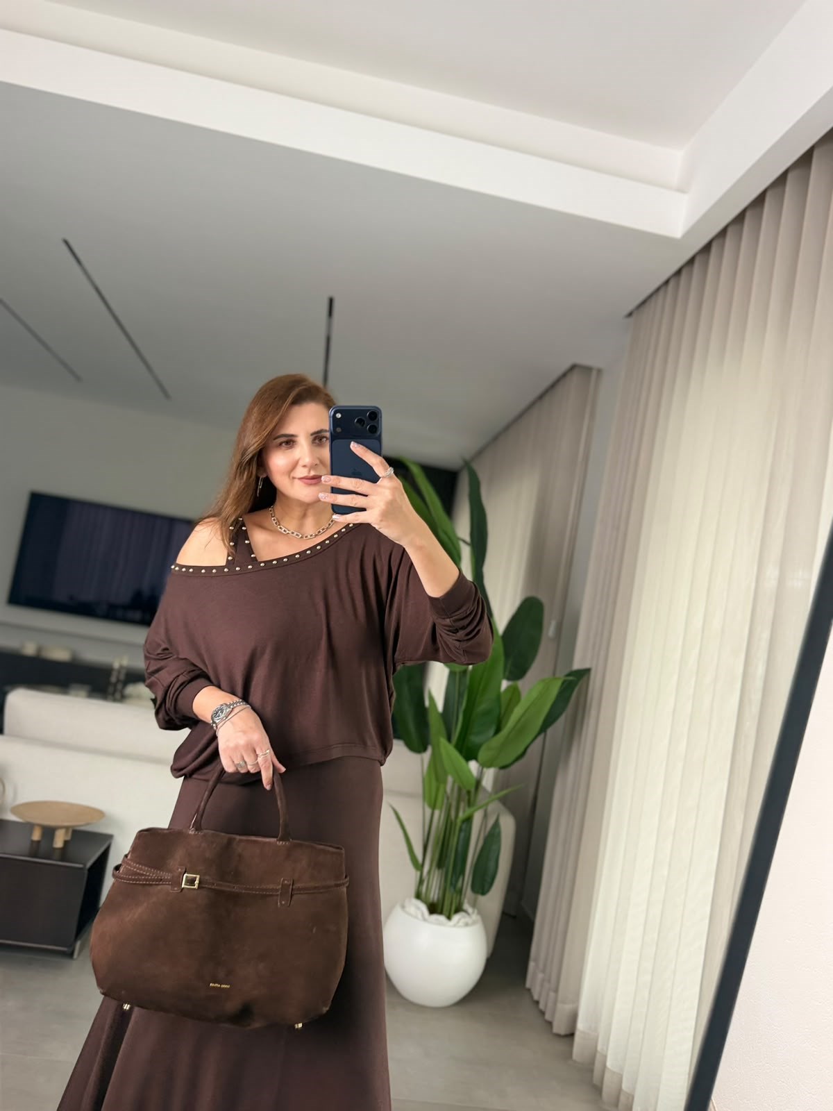 Acı Kahve Rivet Detaylı İkili Elbise