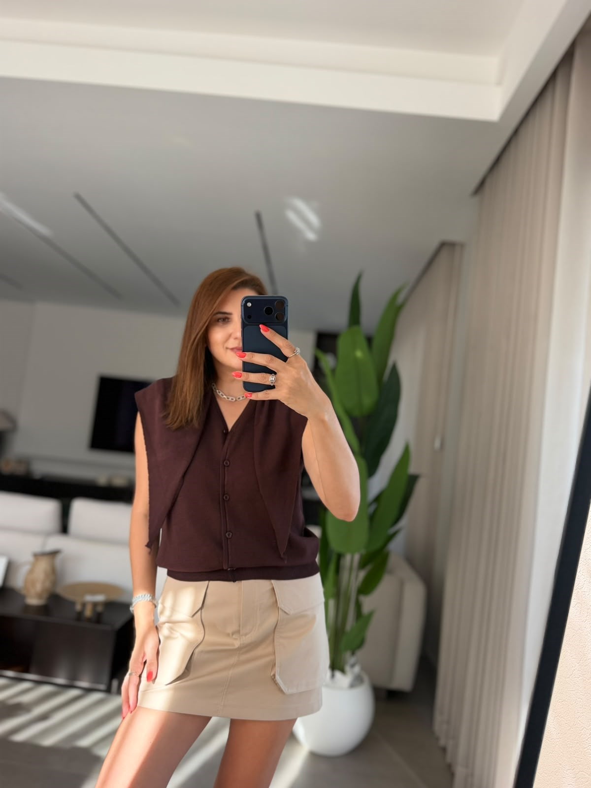 Acı Kahve Şal Detaylı Önü Düğmeli Bluz