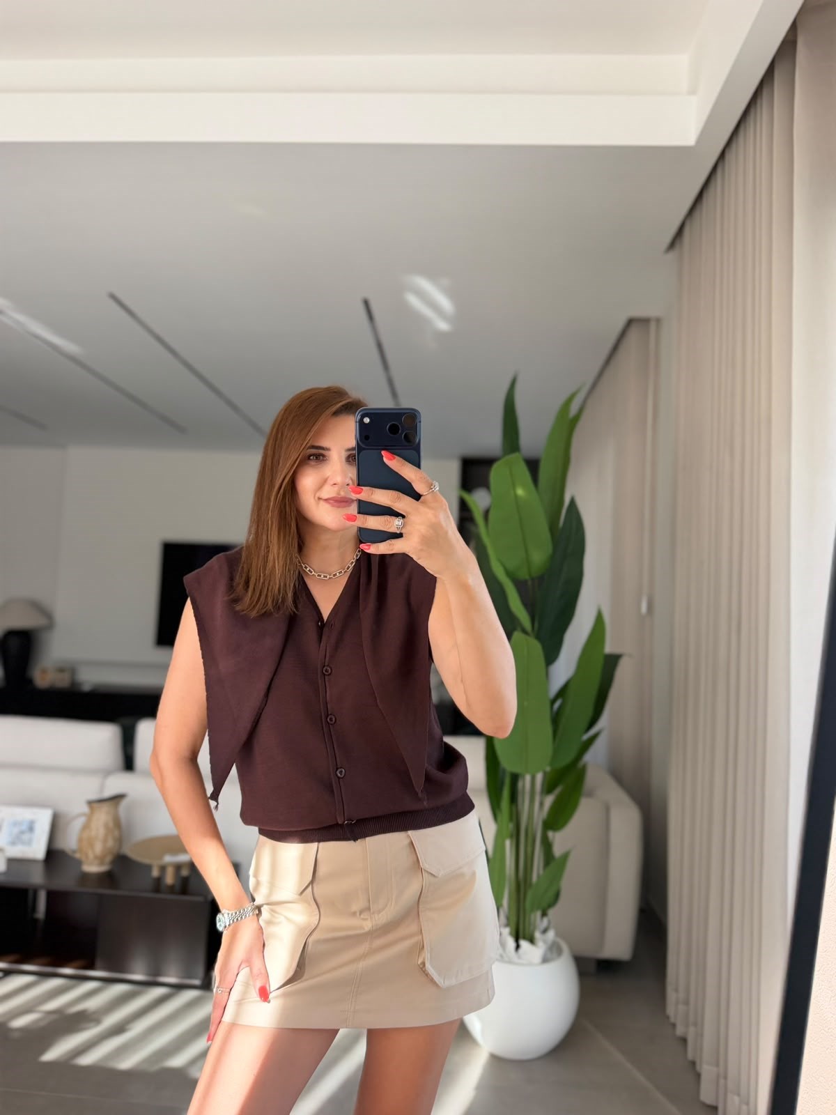 Acı Kahve Şal Detaylı Önü Düğmeli Bluz