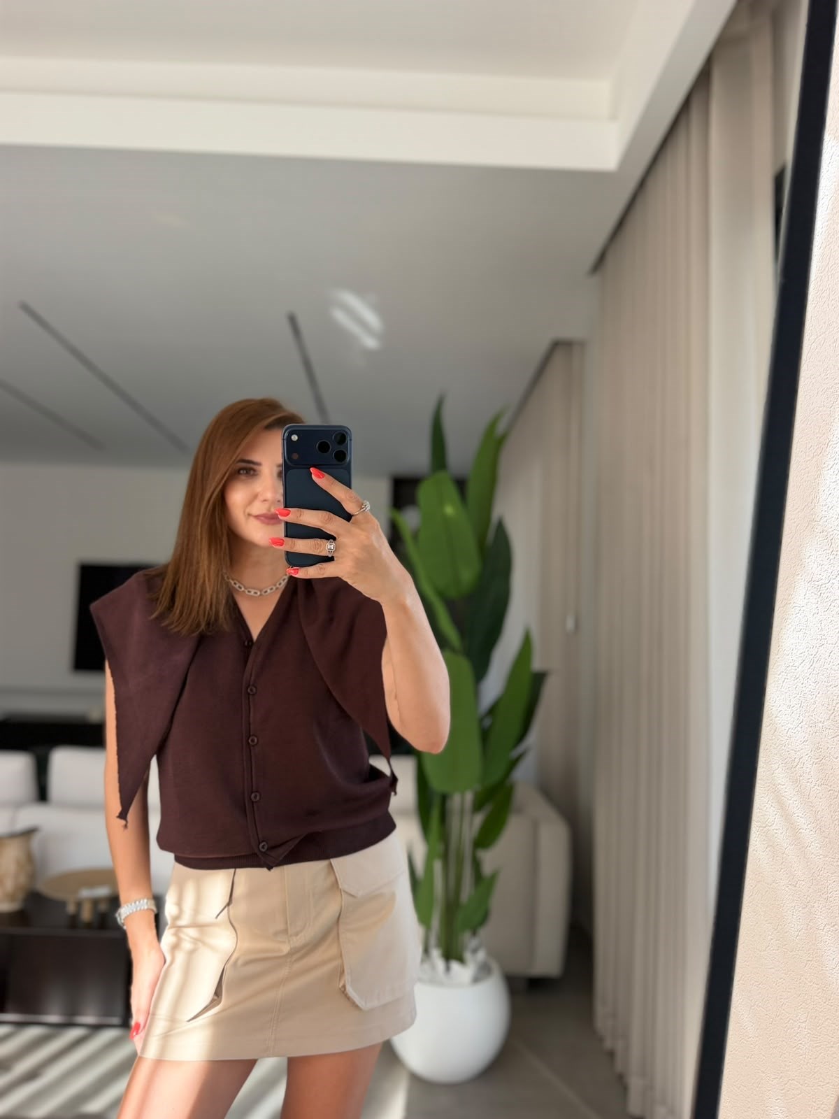 Acı Kahve Şal Detaylı Önü Düğmeli Bluz