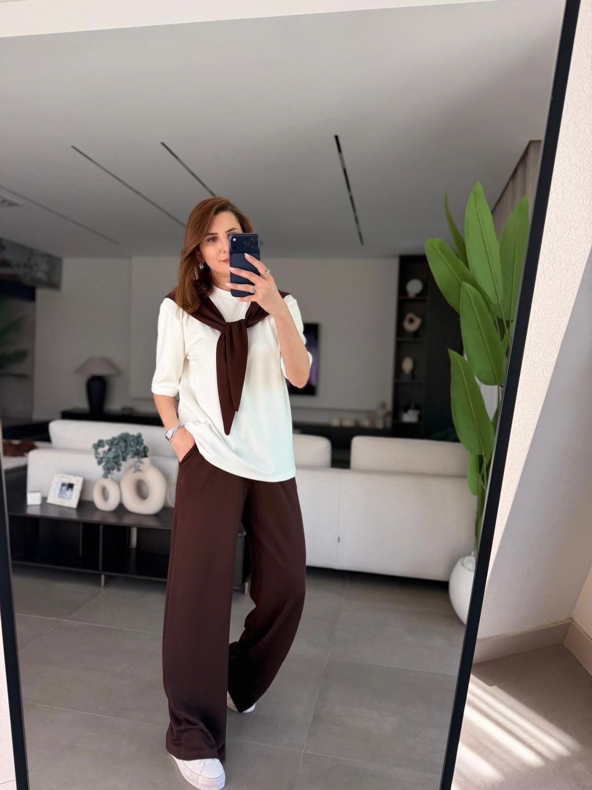 Acı Kahve  Şal Görünümlü Tshırt Pantolon Takım