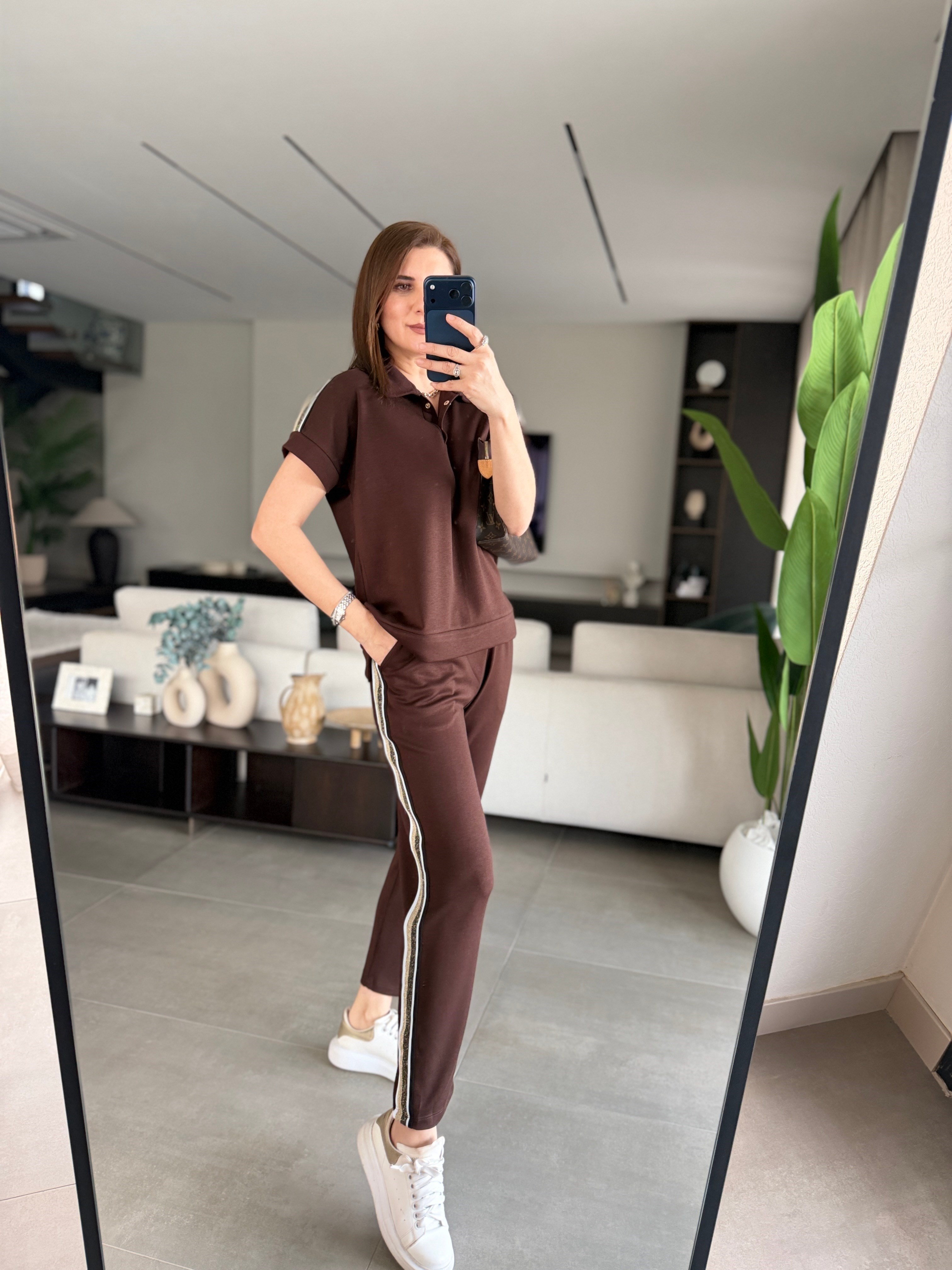 Acı Kahve Şeritli Büyük Beden Polo Yaka Takım