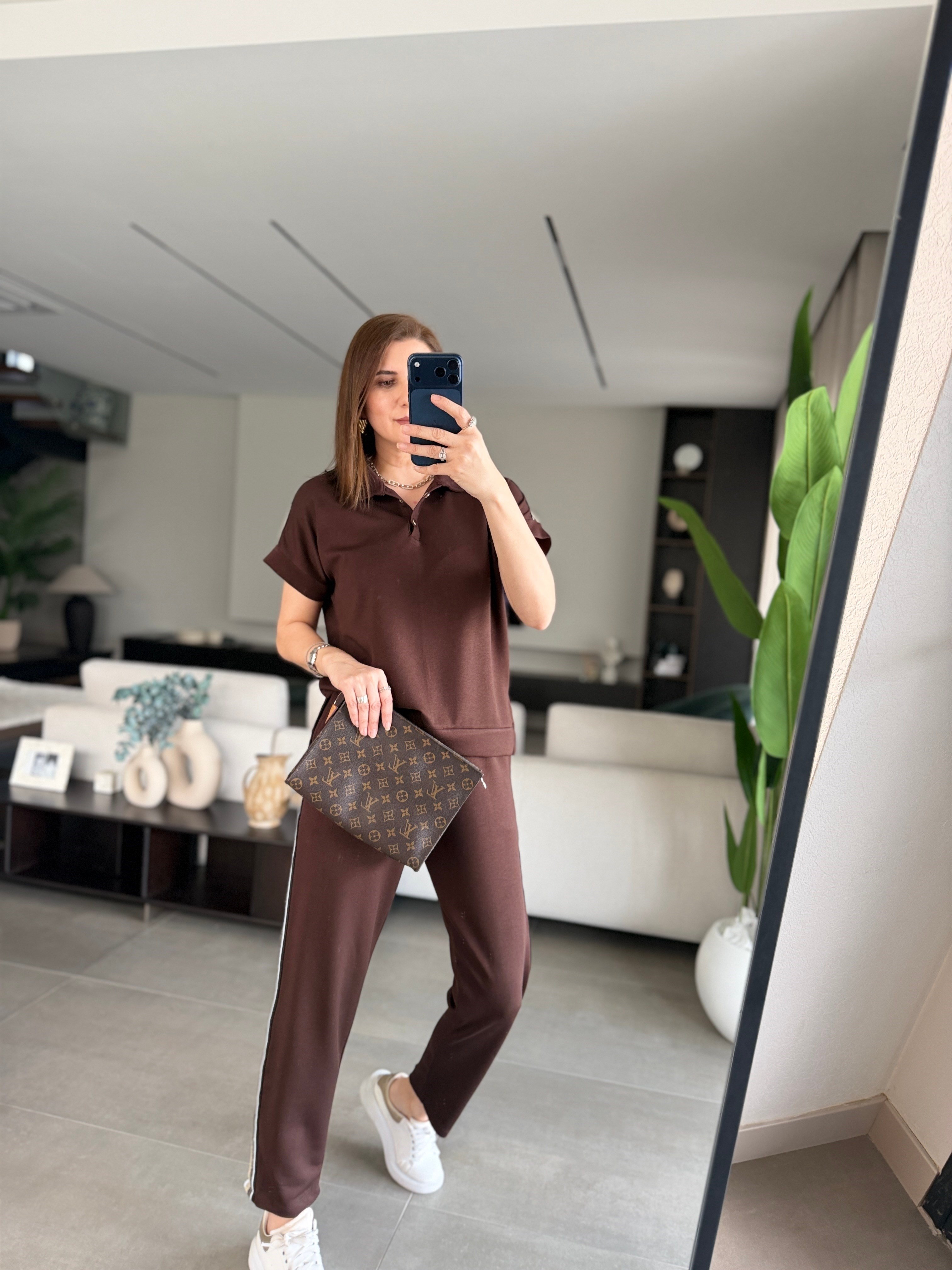 Acı Kahve Şeritli Büyük Beden Polo Yaka Takım