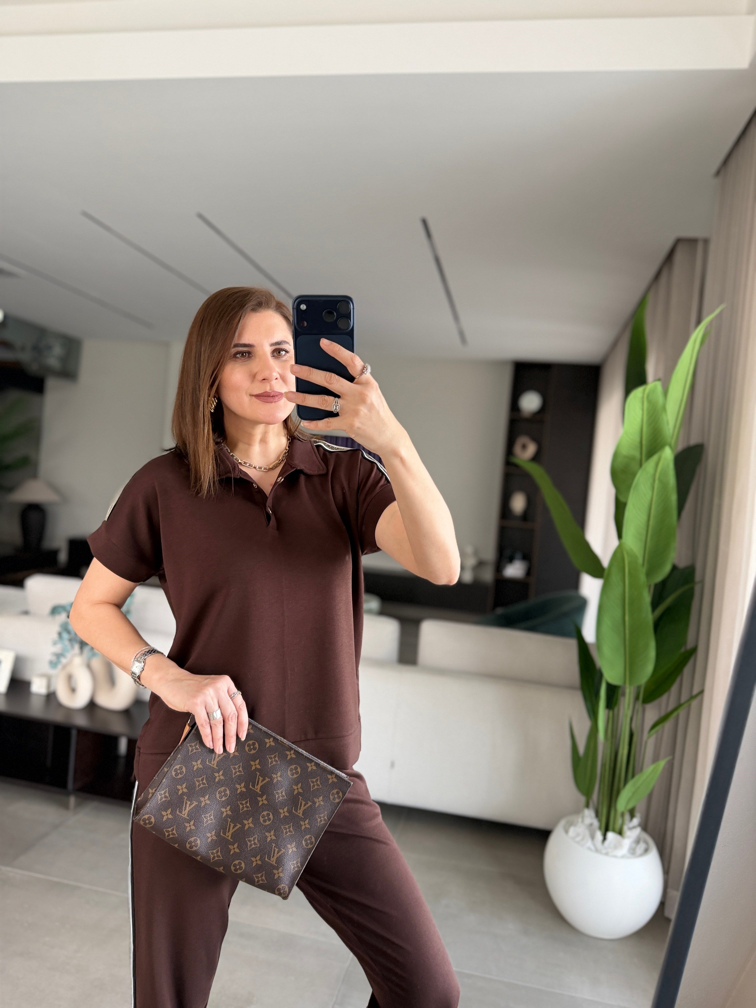 Acı Kahve Şeritli Büyük Beden Polo Yaka Takım
