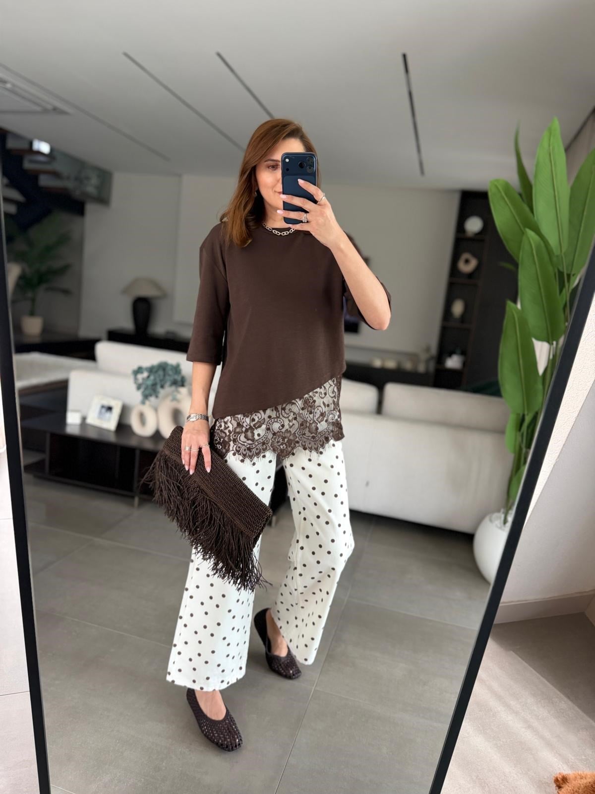Acı Kahve Tül Detaylı T-shirt