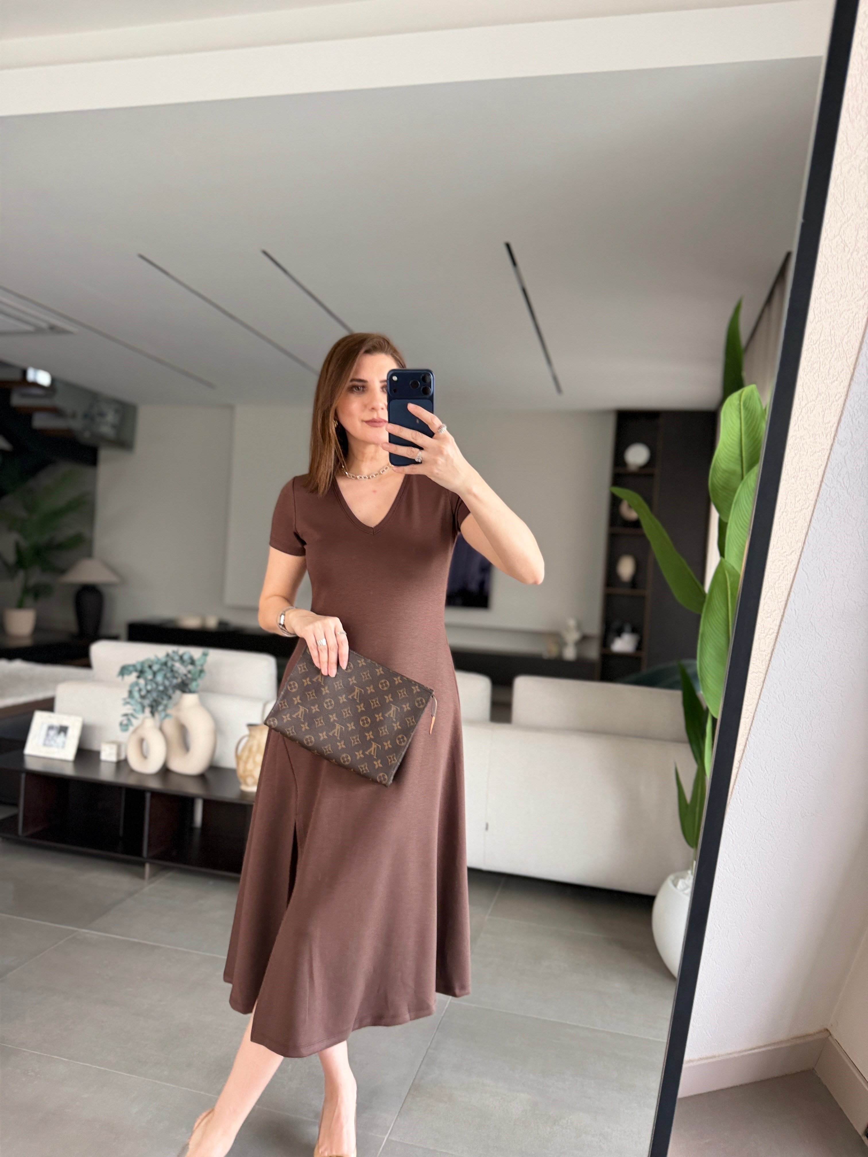 Acı Kahve  V Yaka Yırtmaçlı Modal Elbise