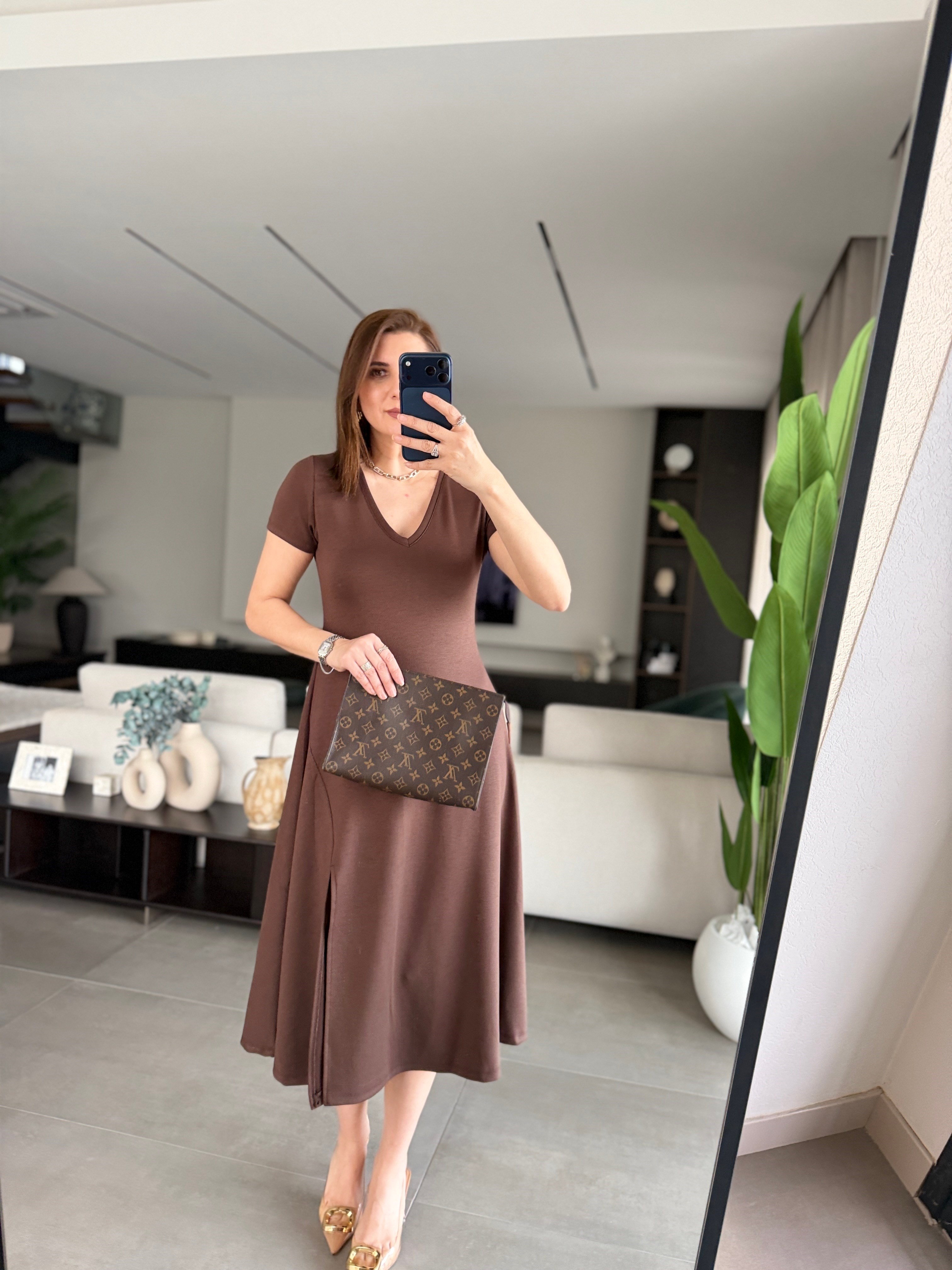 Acı Kahve  V Yaka Yırtmaçlı Modal Elbise