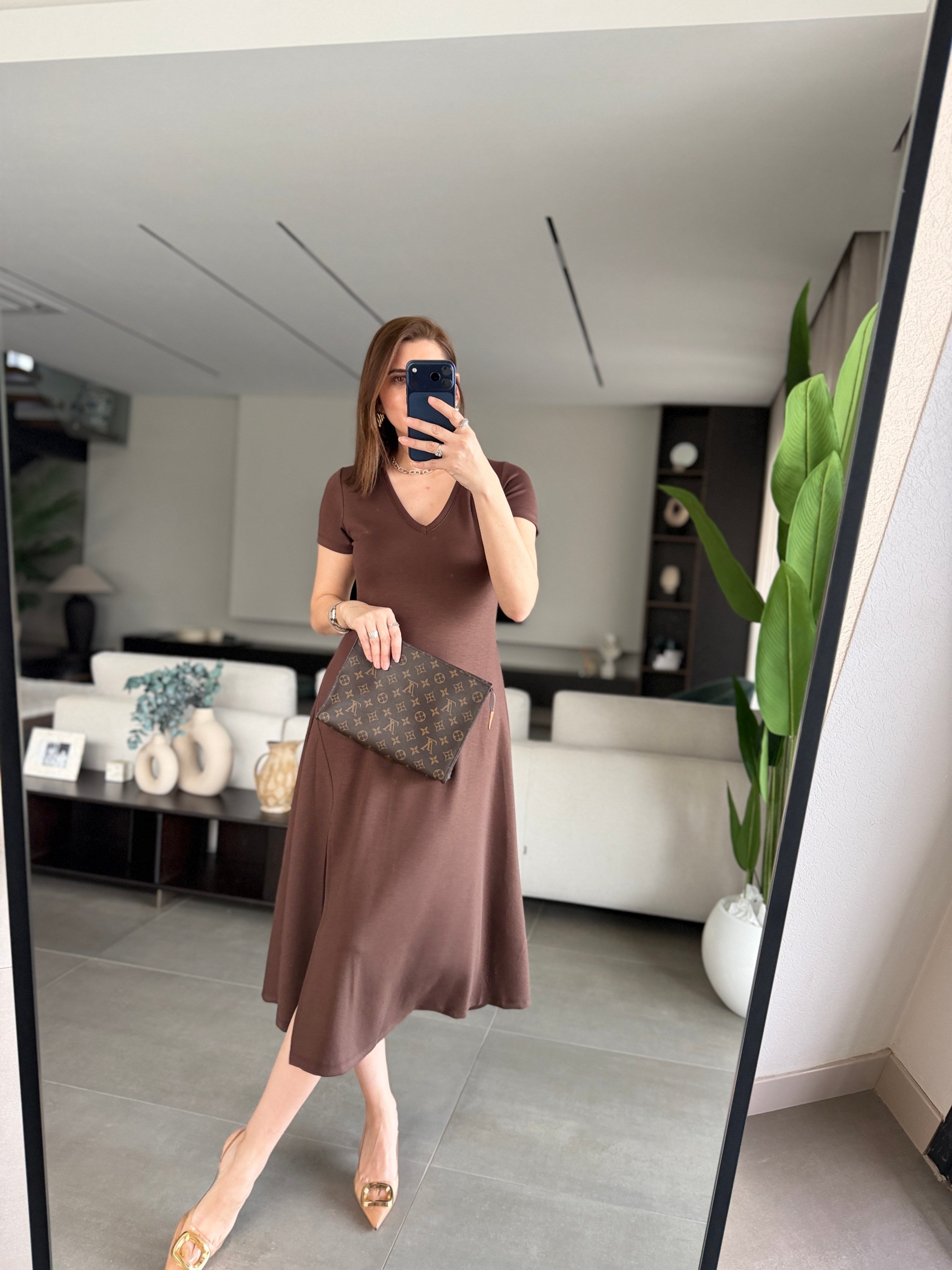 Acı Kahve  V Yaka Yırtmaçlı Modal Elbise