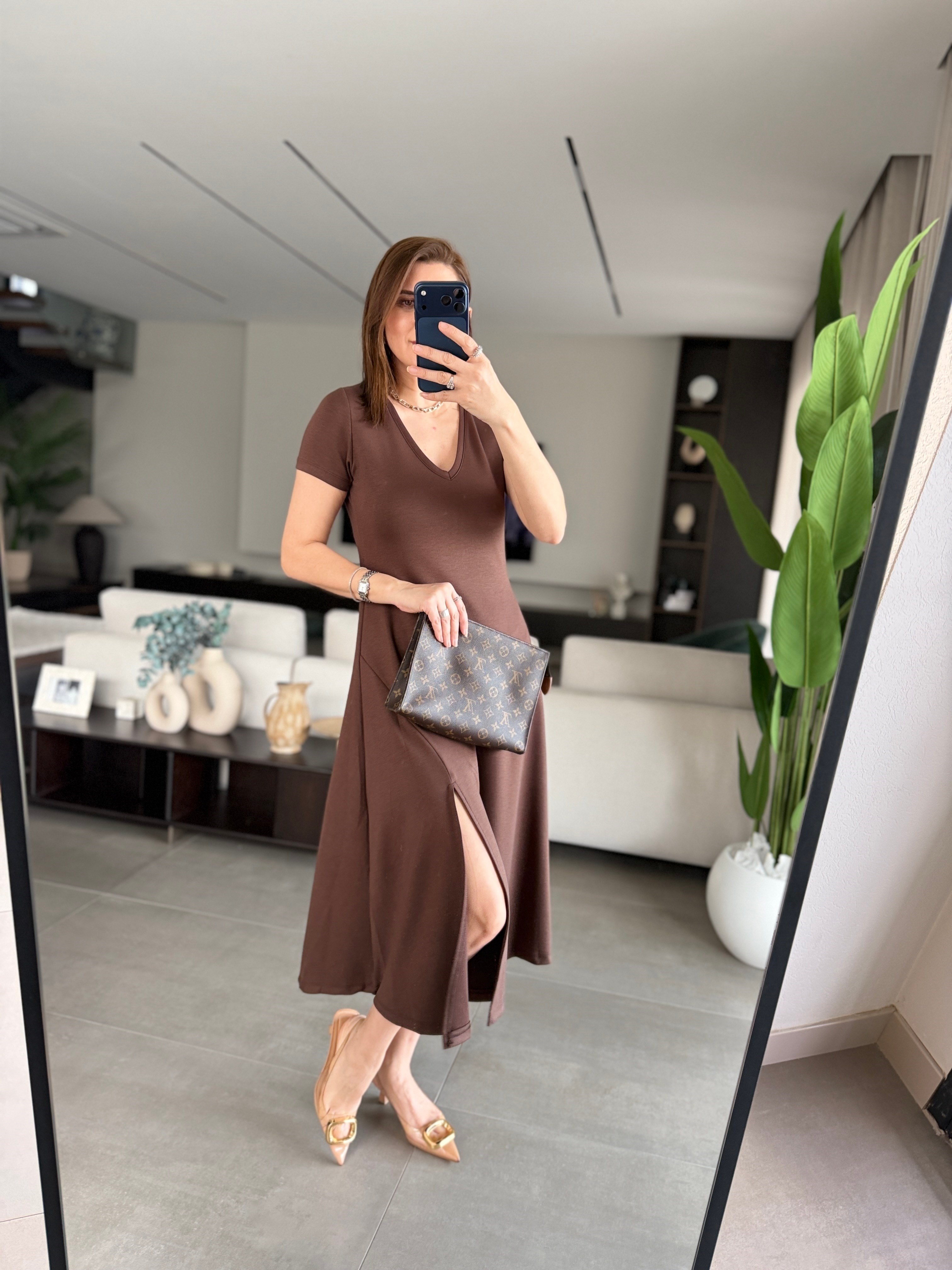 Acı Kahve  V Yaka Yırtmaçlı Modal Elbise