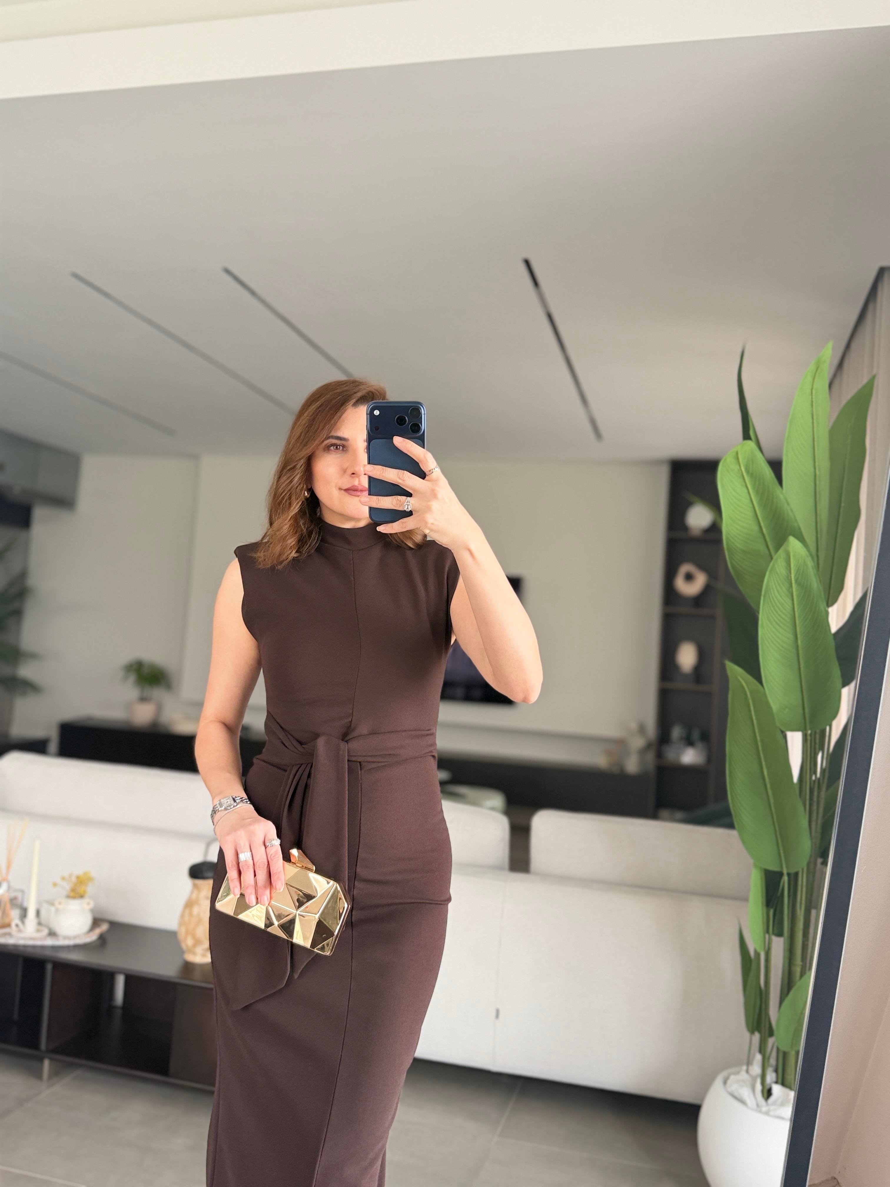 Acı Kahve Vatkalı Kolsuz Kuşaklı Elbise