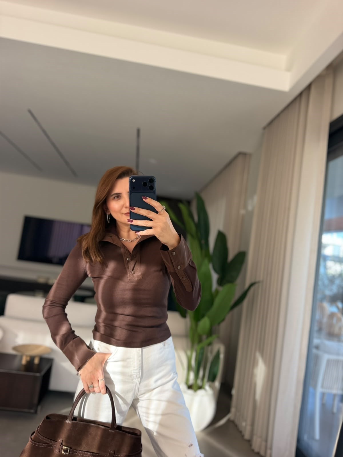 Acı Kahve Yaka Çıtçıtlı Fitilli Bluz
