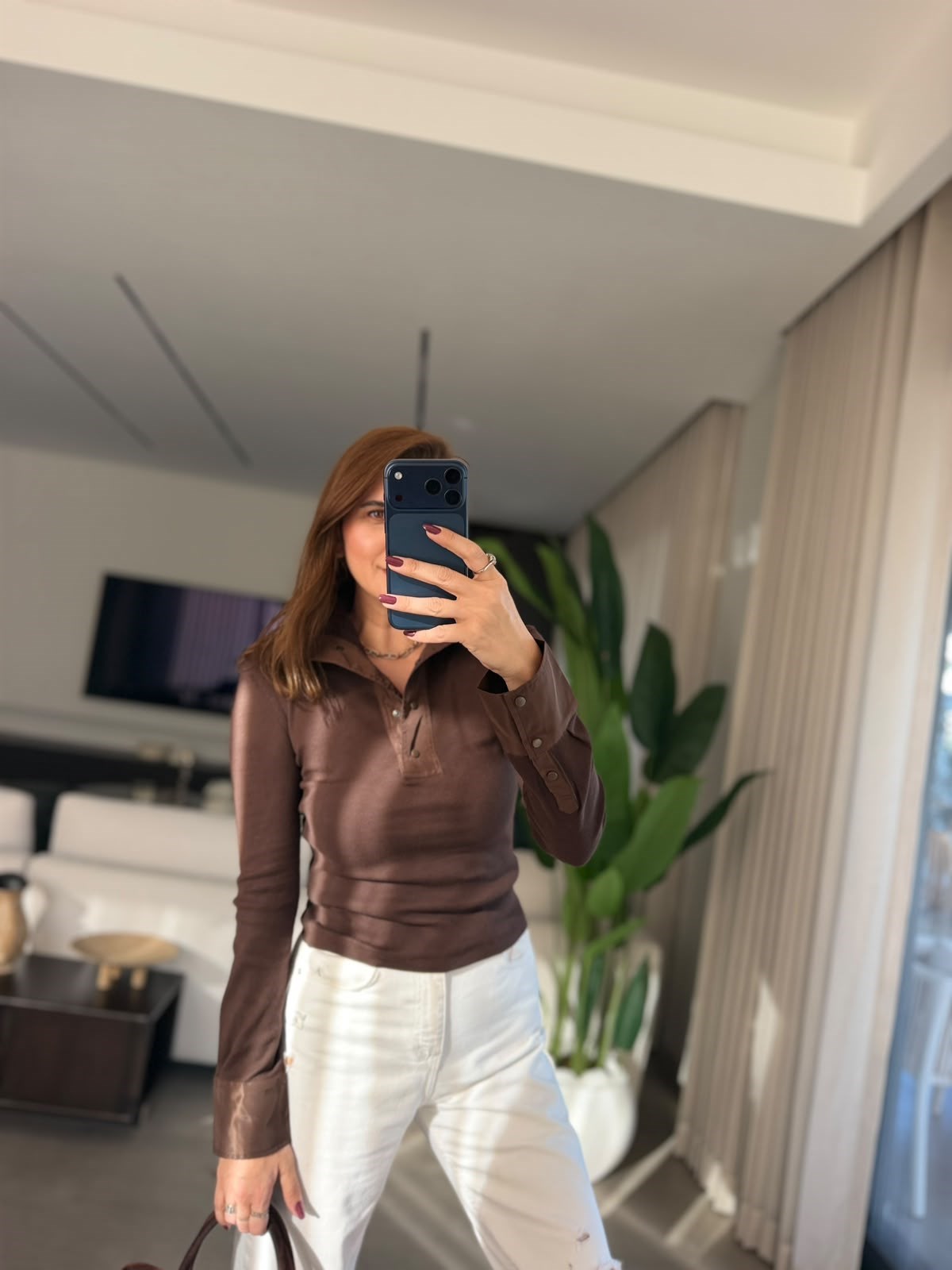 Acı Kahve Yaka Çıtçıtlı Fitilli Bluz
