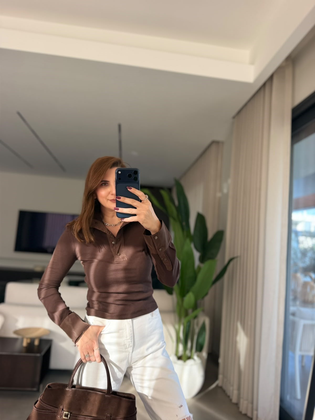 Acı Kahve Yaka Çıtçıtlı Fitilli Bluz
