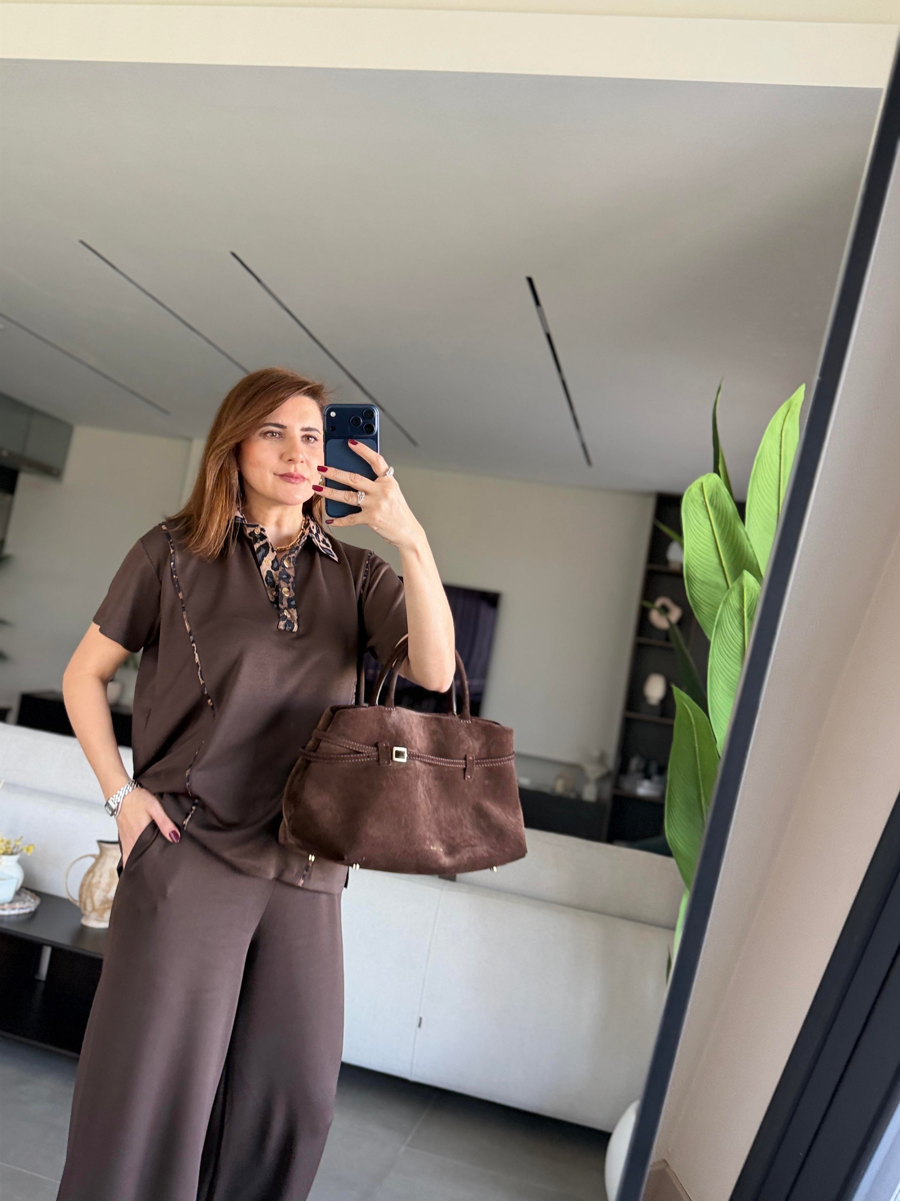 Acı Kahve Yaka Leopar Detay Takım