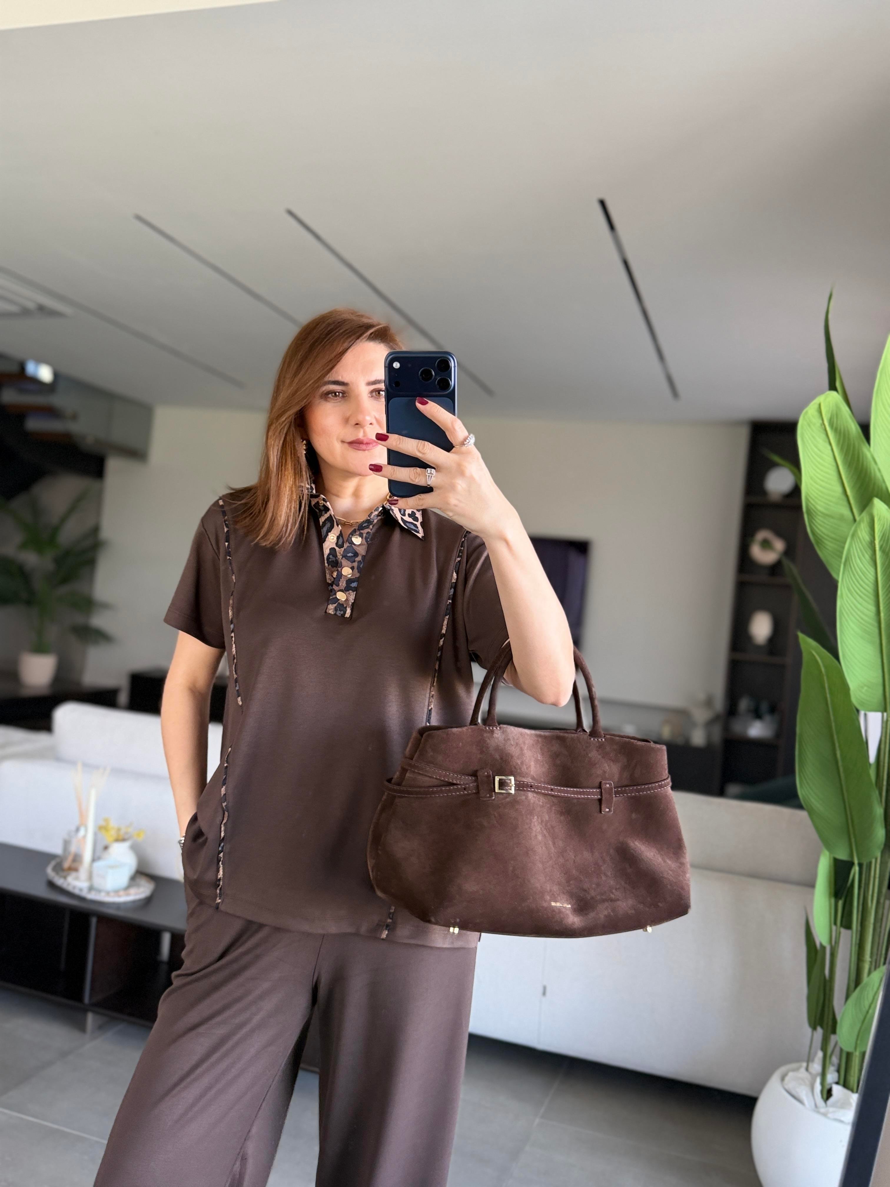Acı Kahve Yaka Leopar Detay Takım