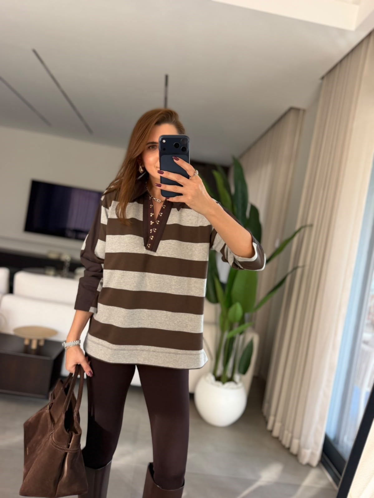 Acı Kahve Yaka Manşet Çizgili Sweatshırt