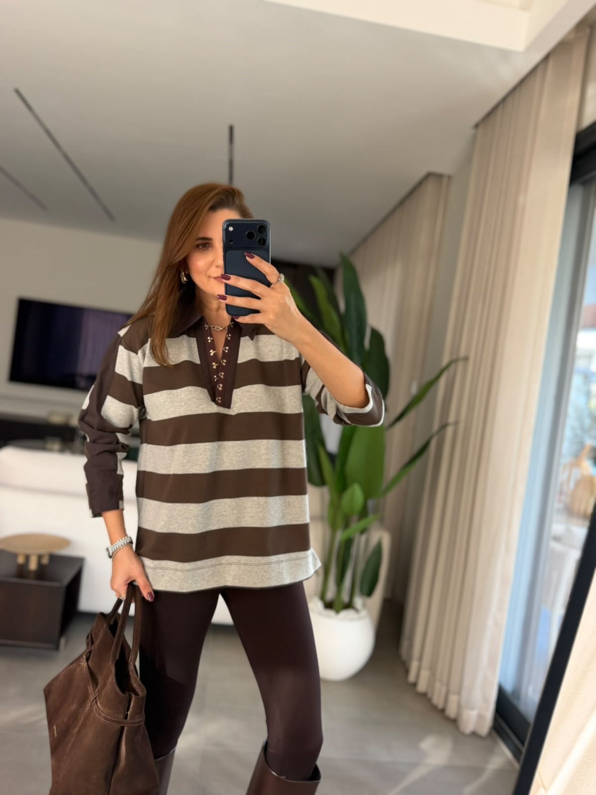 Acı Kahve Yaka Manşet Çizgili Sweatshırt