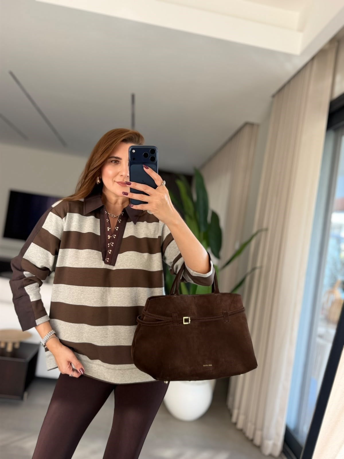 Acı Kahve Yaka Manşet Çizgili Sweatshırt