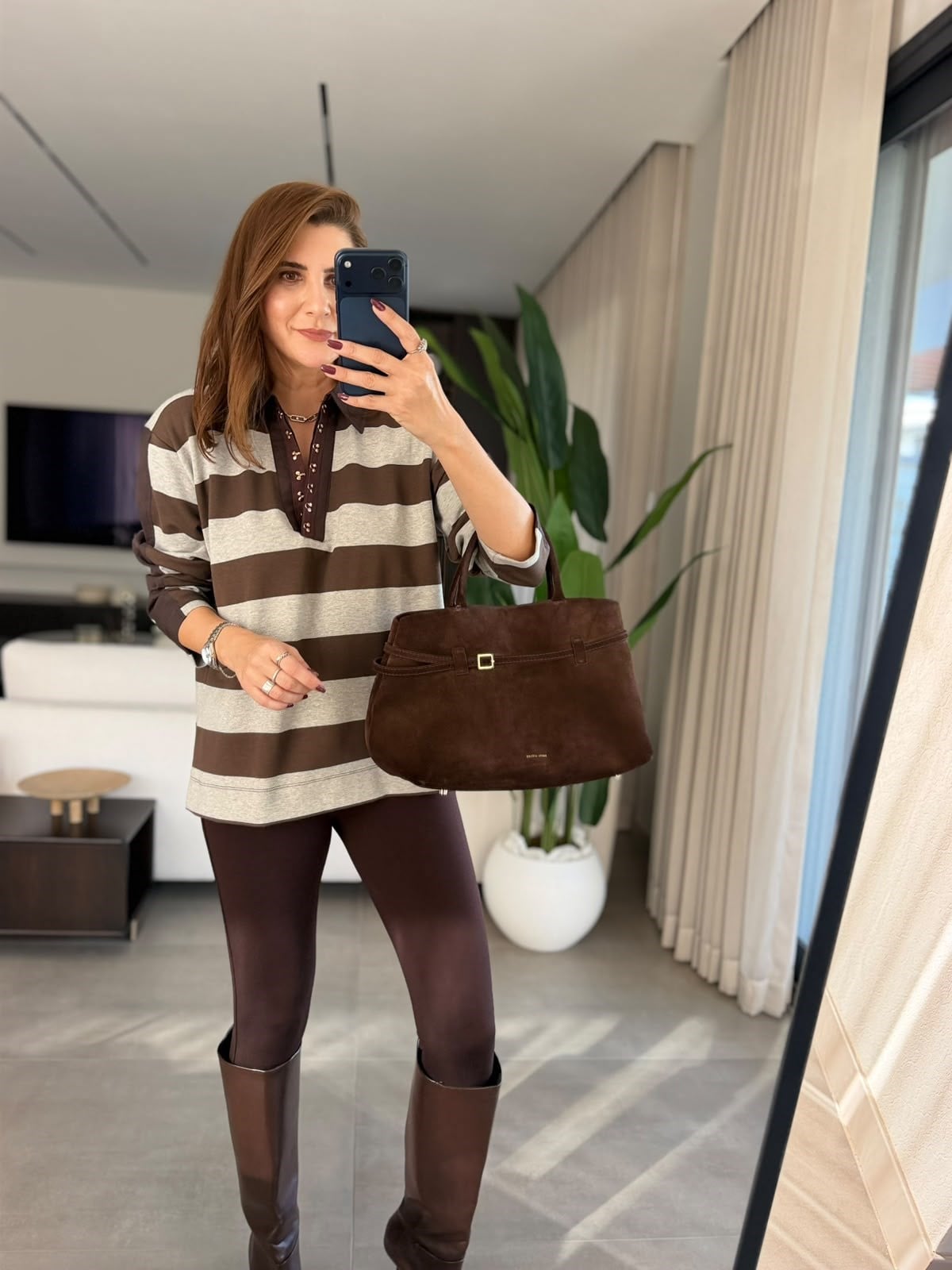 Acı Kahve Yaka Manşet Çizgili Sweatshırt