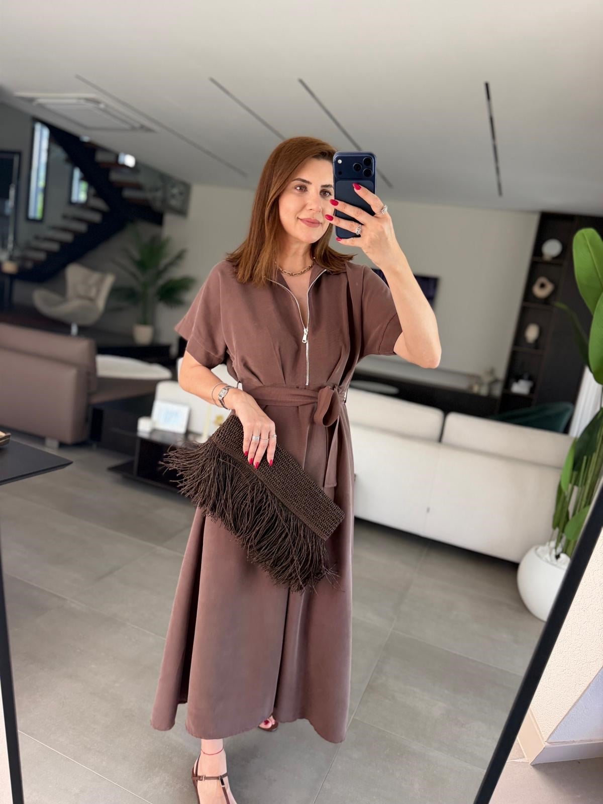 Acı Kahve Yakası Fermuar Detay Tencel Elbise