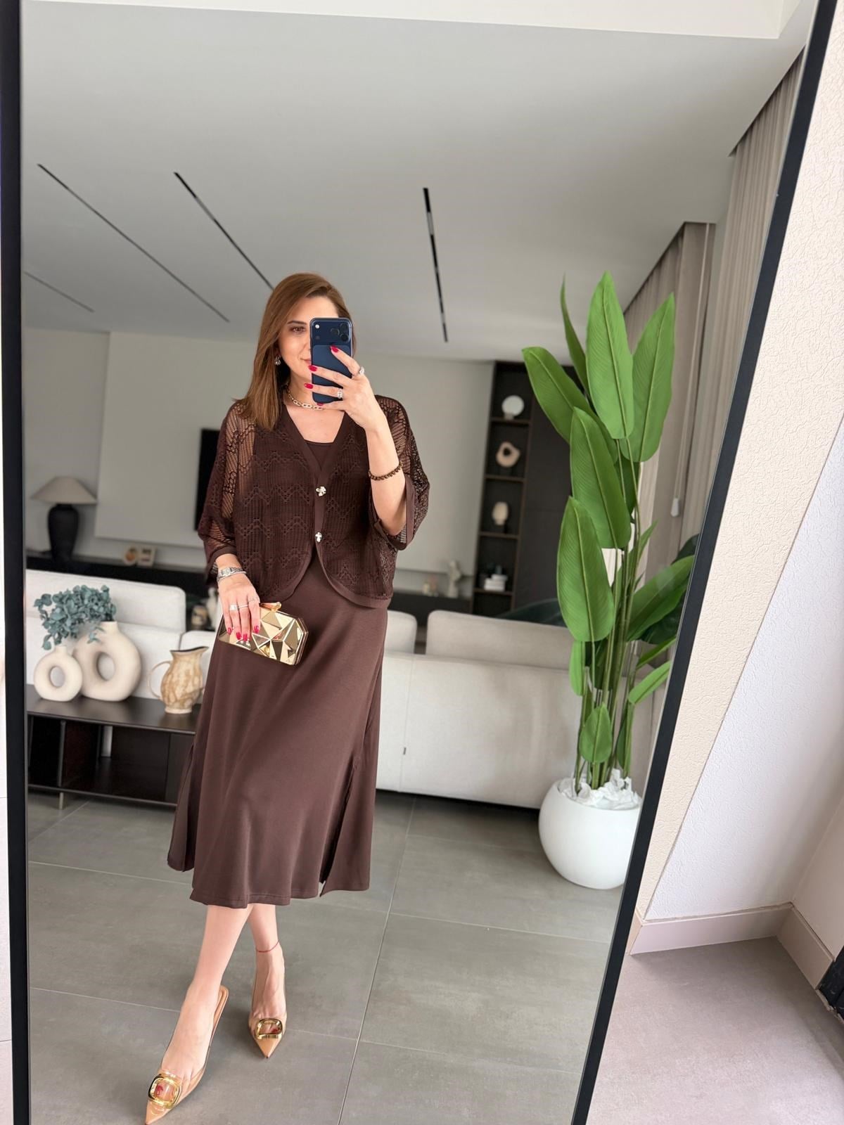 Acı Kahve Yırtmaçlı Modal Üstü Hırka Elbise