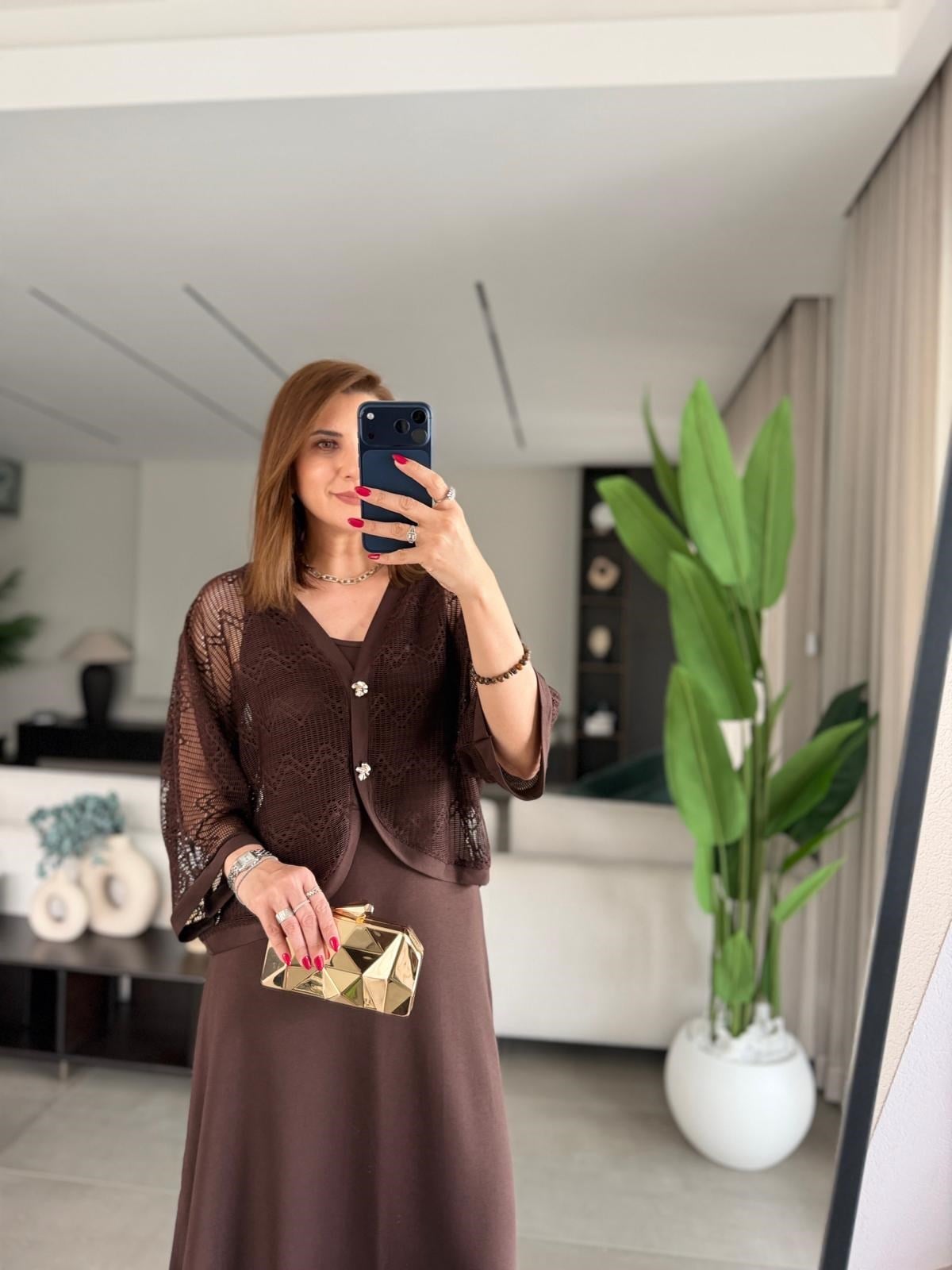 Acı Kahve Yırtmaçlı Modal Üstü Hırka Elbise