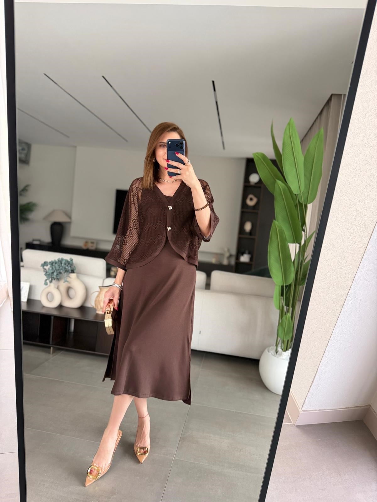 Acı Kahve Yırtmaçlı Modal Üstü Hırka Elbise