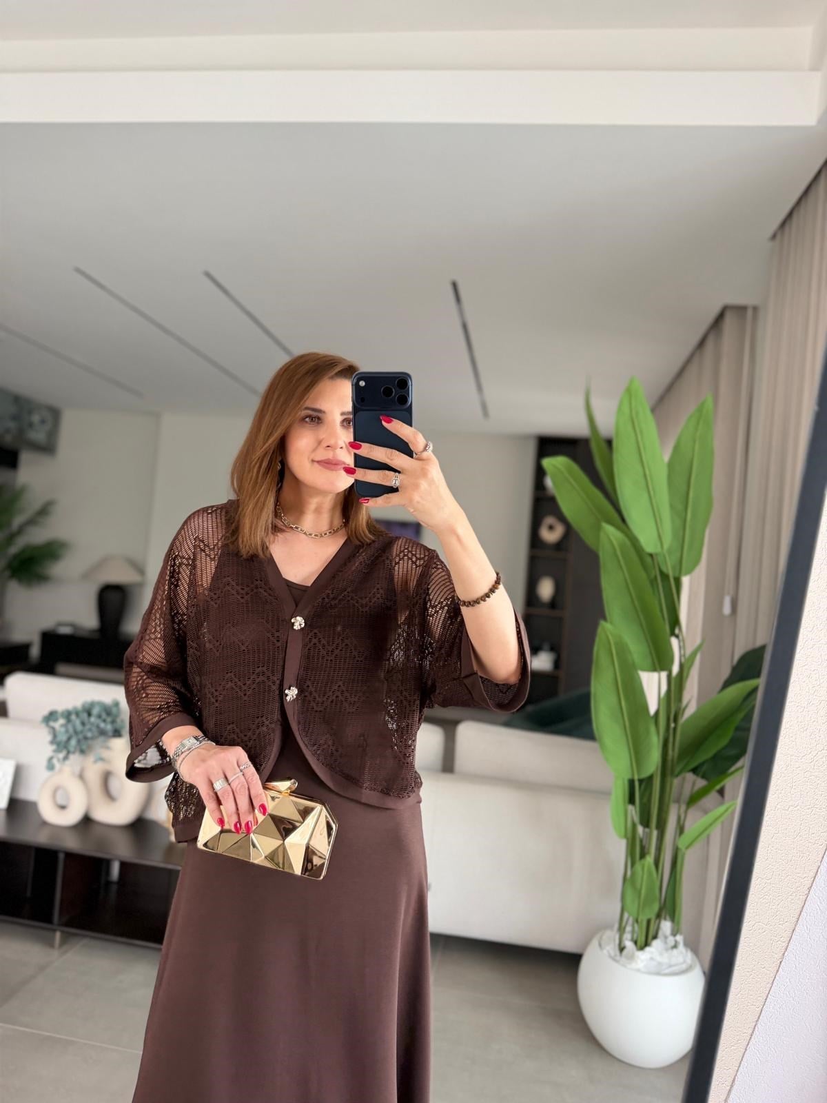 Acı Kahve Yırtmaçlı Modal Üstü Hırka Elbise