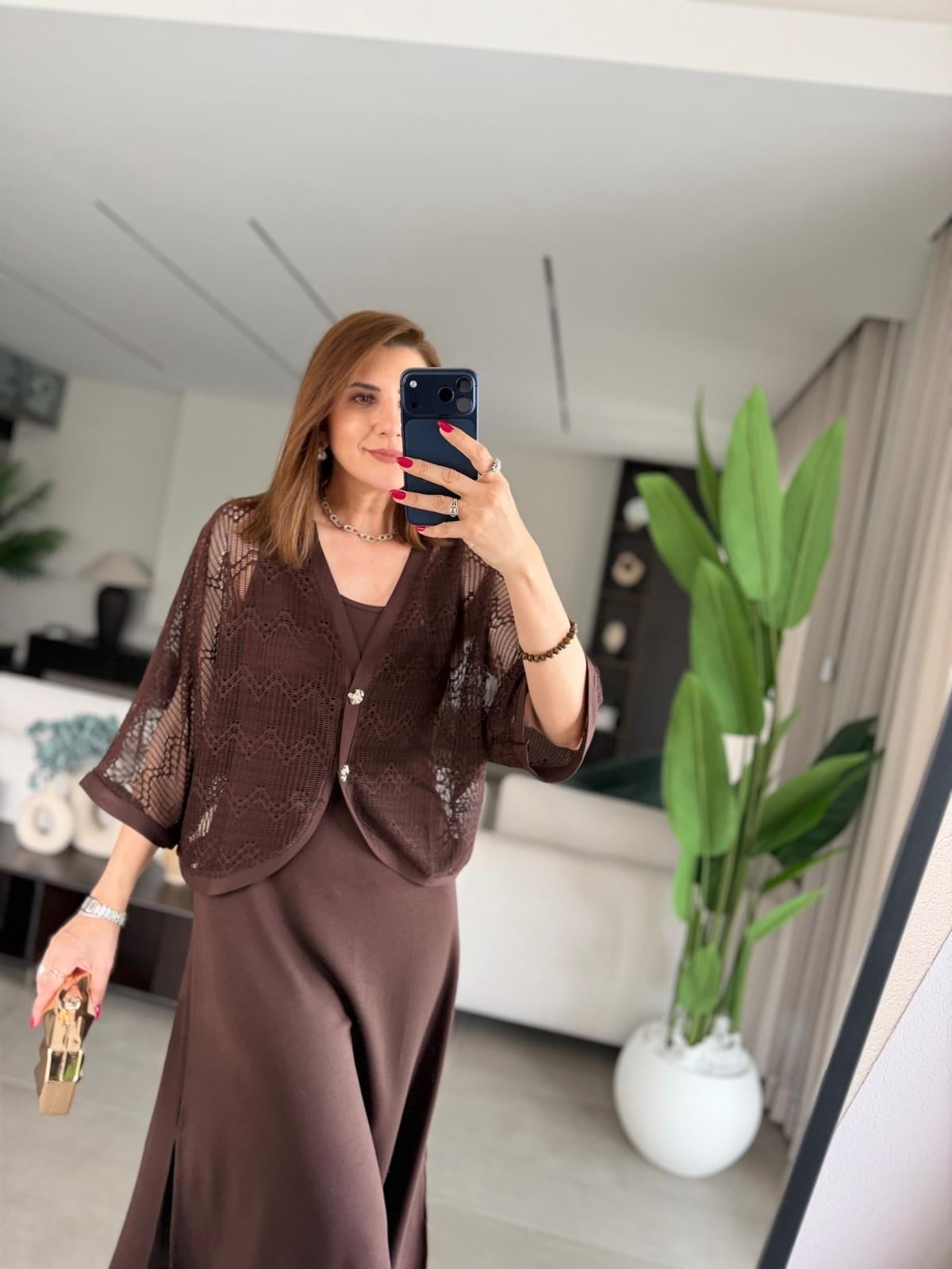 Acı Kahve Yırtmaçlı Modal Üstü Hırka Elbise