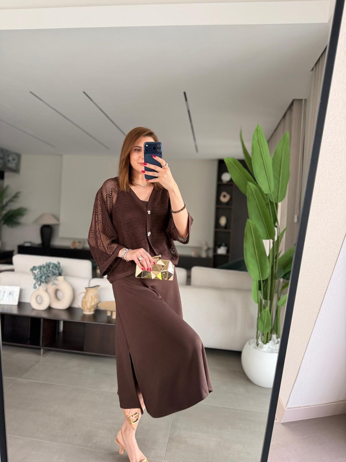 Acı Kahve Yırtmaçlı Modal Üstü Hırka Elbise
