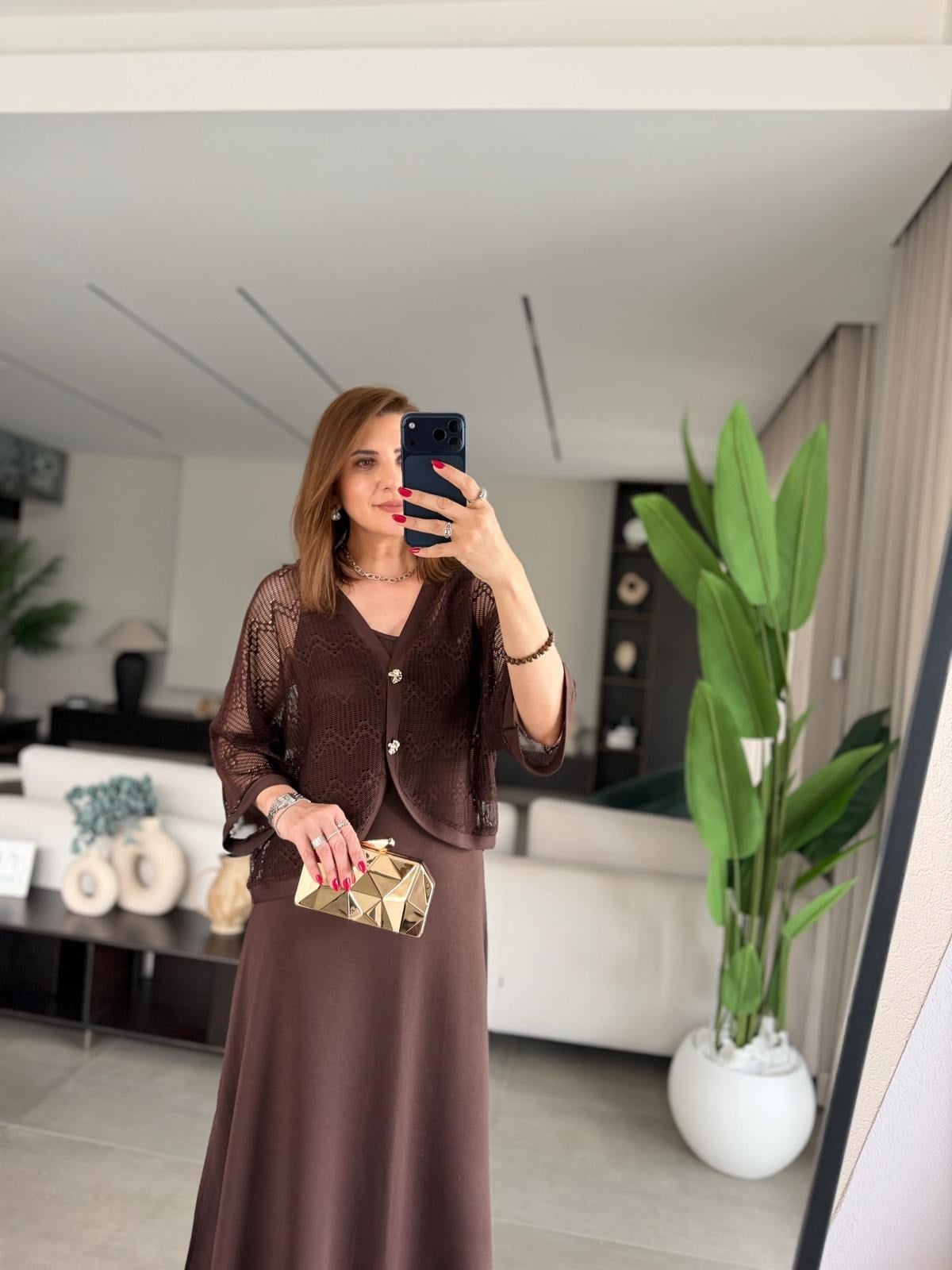 Acı Kahve Yırtmaçlı Modal Üstü Hırka Elbise