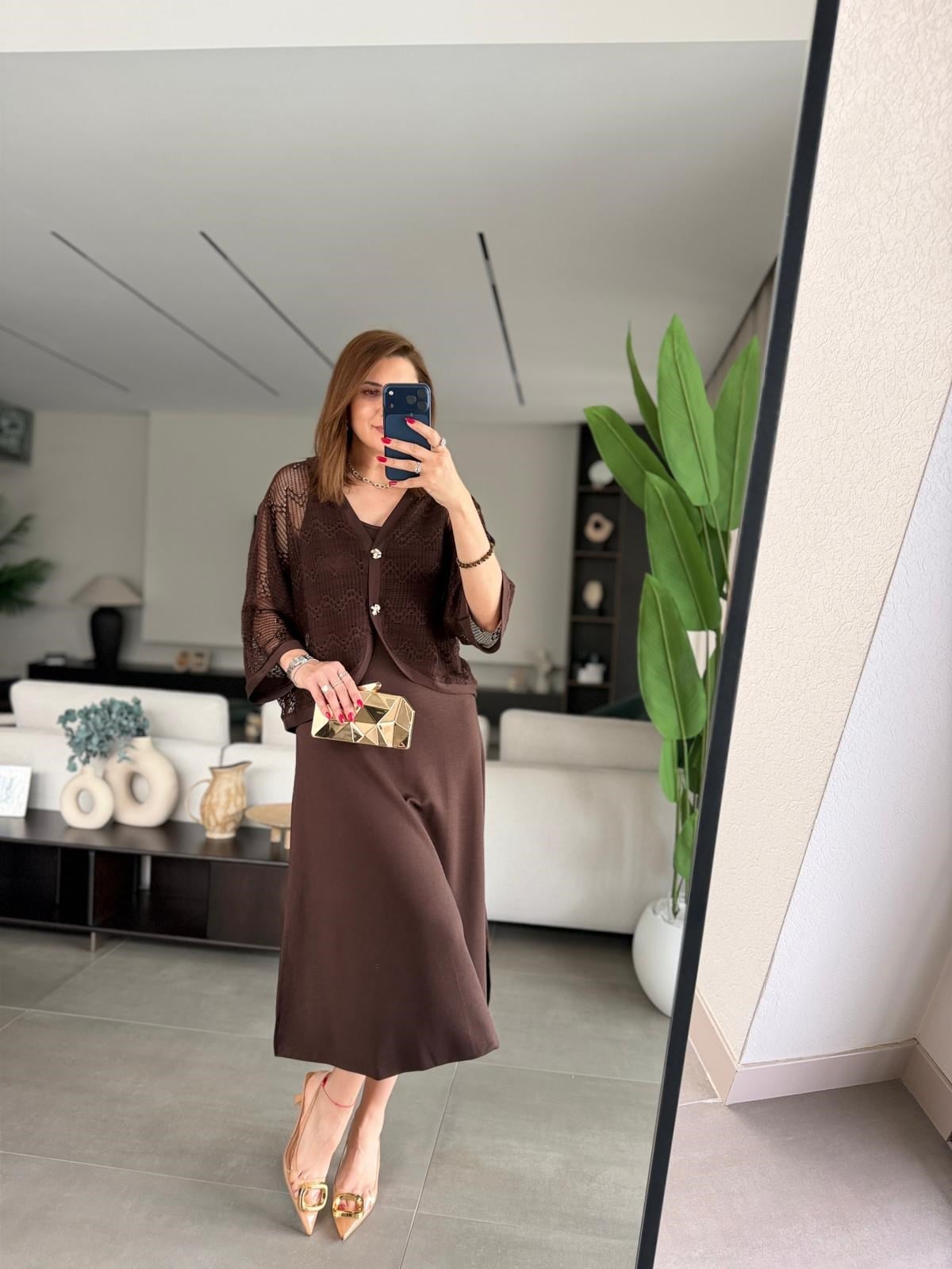 Acı Kahve Yırtmaçlı Modal Üstü Hırka Elbise