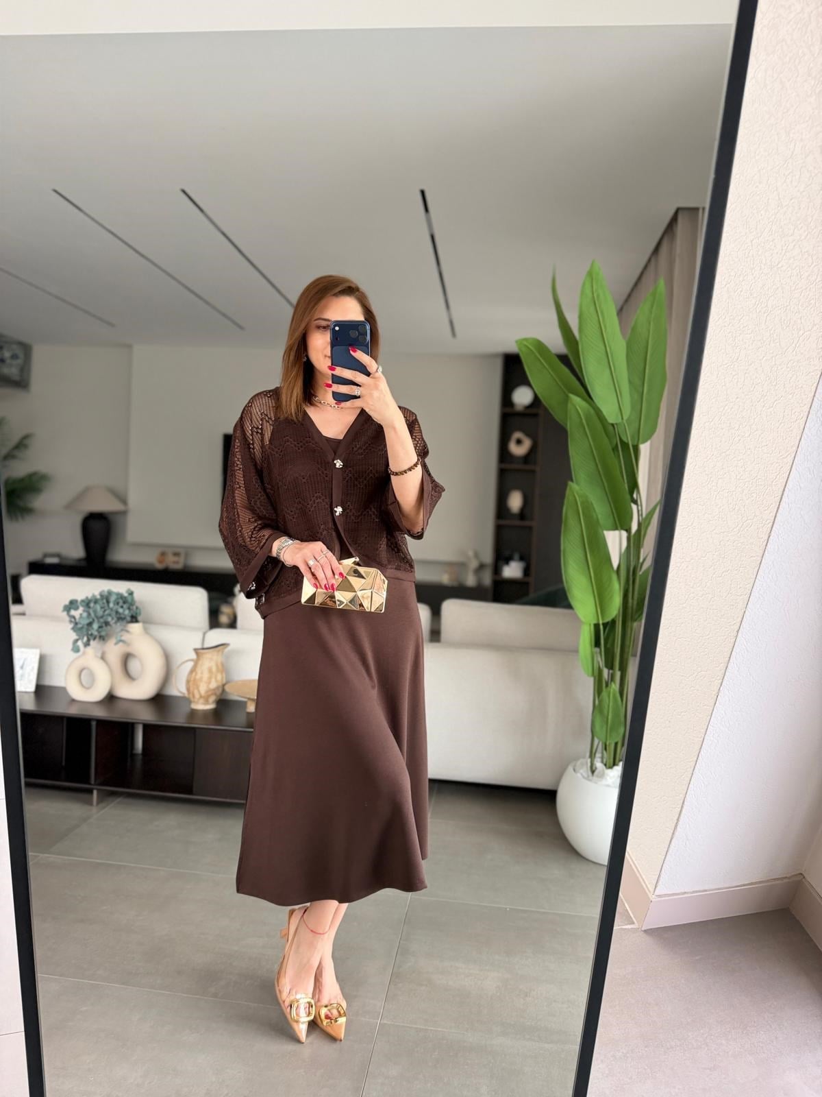 Acı Kahve Yırtmaçlı Modal Üstü Hırka Elbise