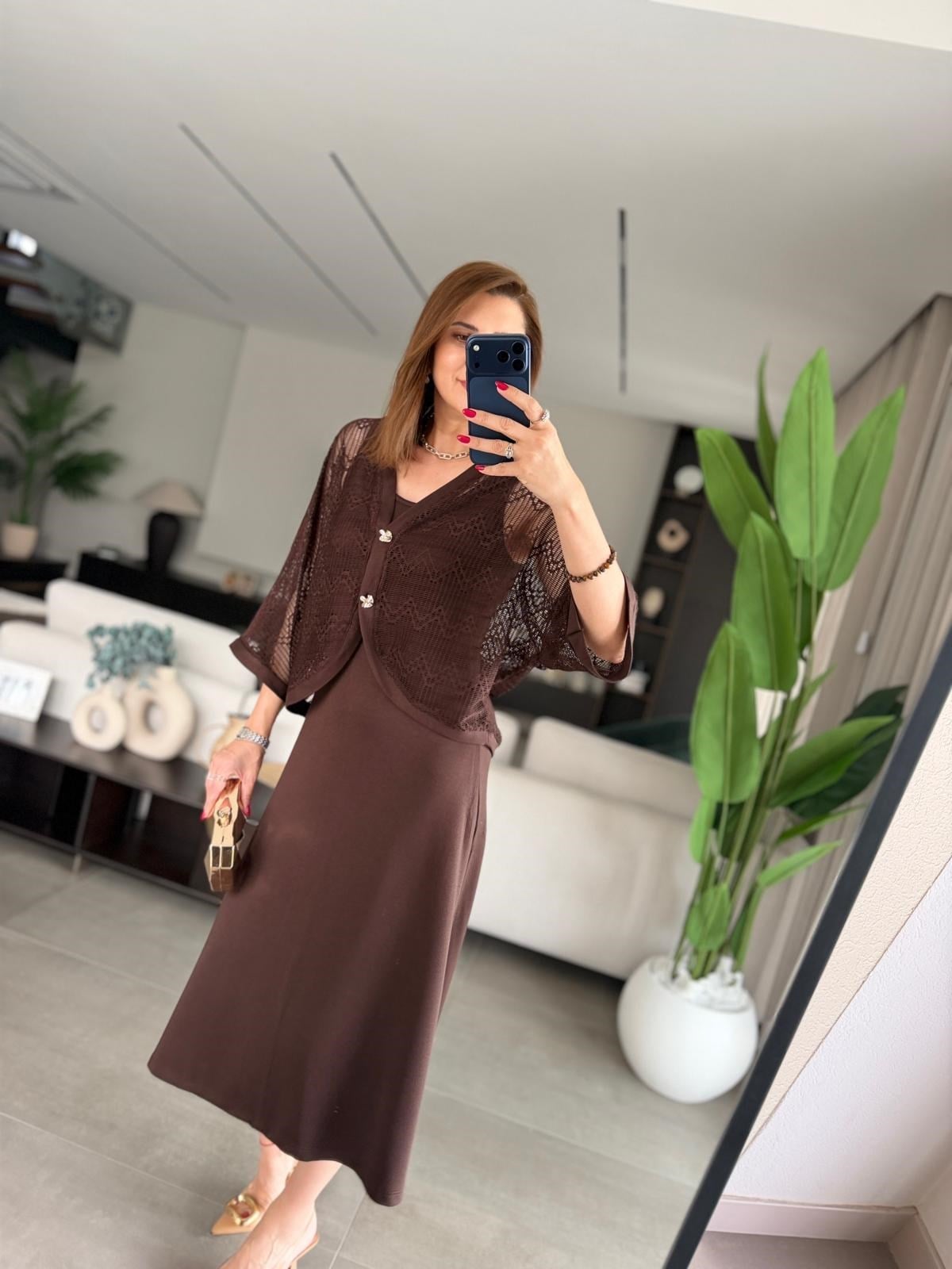 Acı Kahve Yırtmaçlı Modal Üstü Hırka Elbise