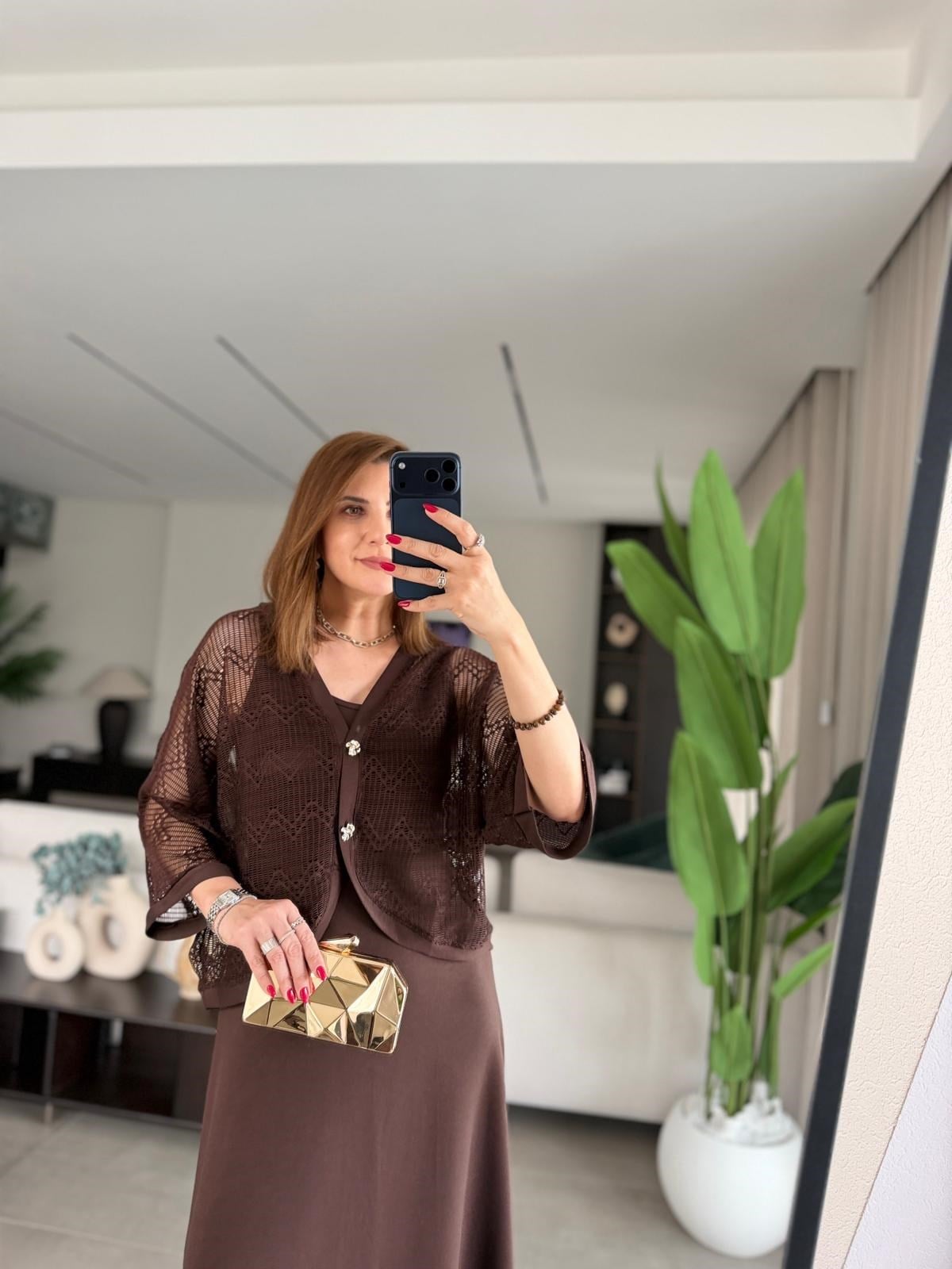 Acı Kahve Yırtmaçlı Modal Üstü Hırka Elbise