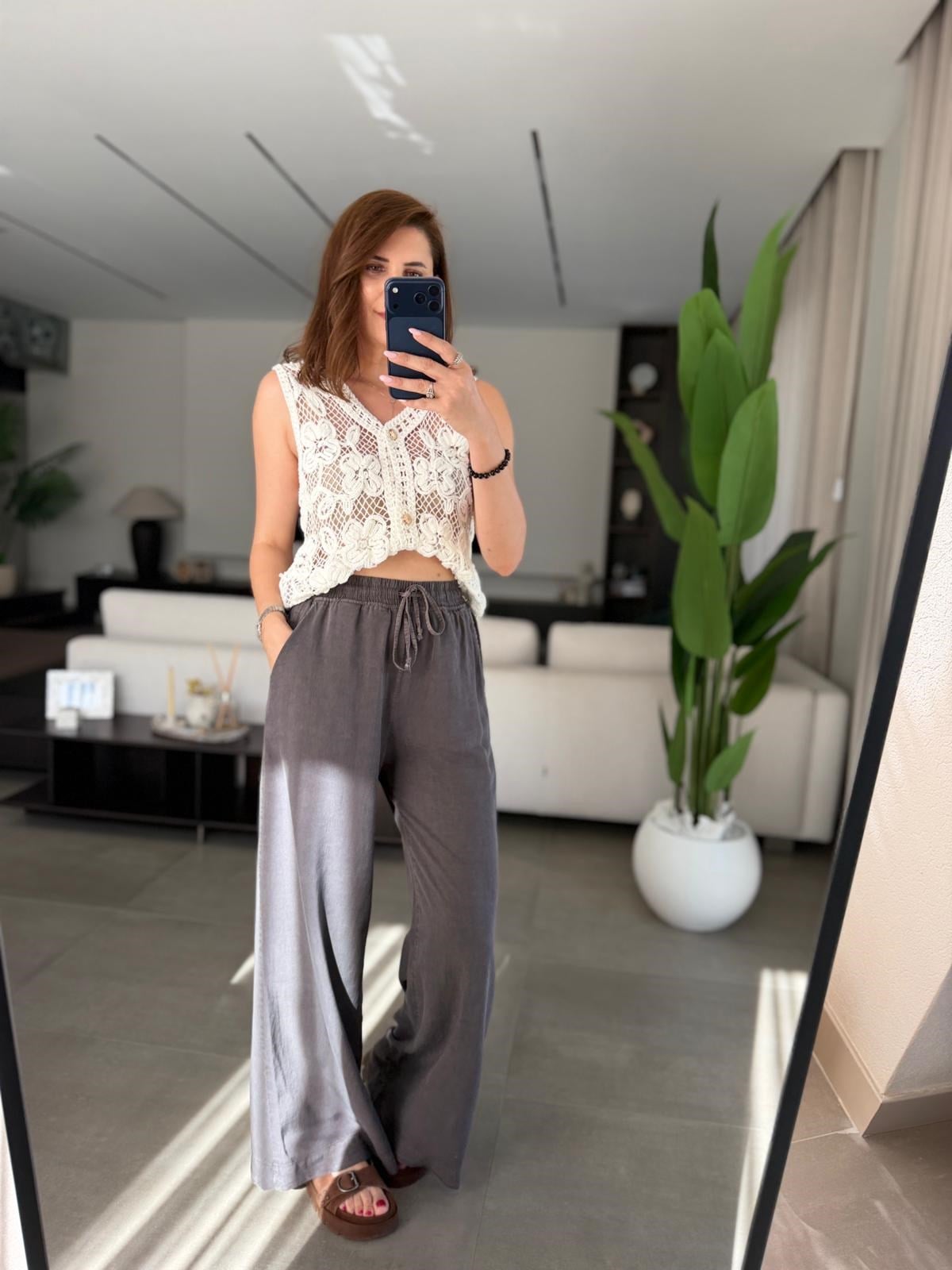 Antrasit Bel Bağcıklı Tencel Pantolon
