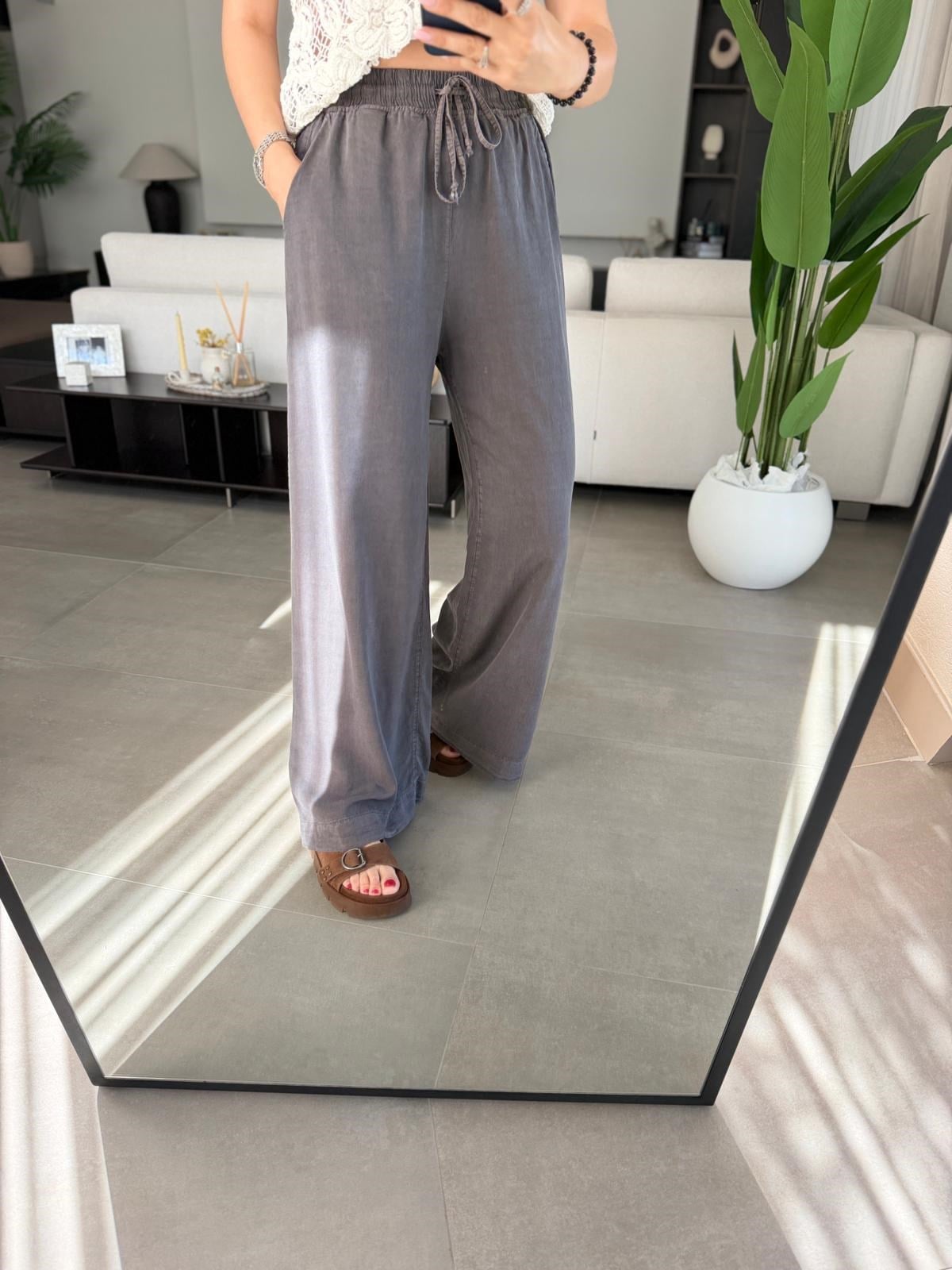 Antrasit Bel Bağcıklı Tencel Pantolon