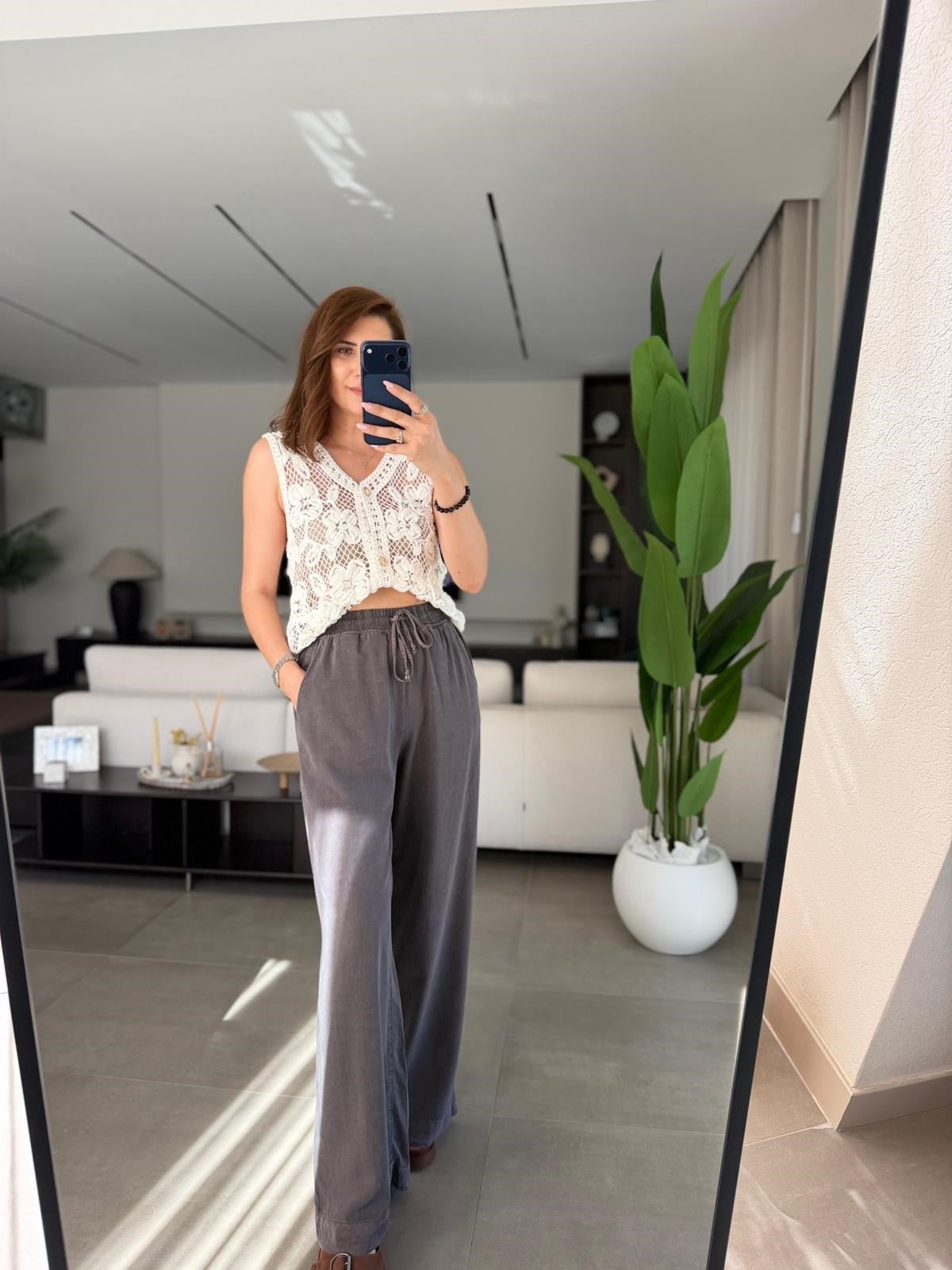 Antrasit Bel Bağcıklı Tencel Pantolon
