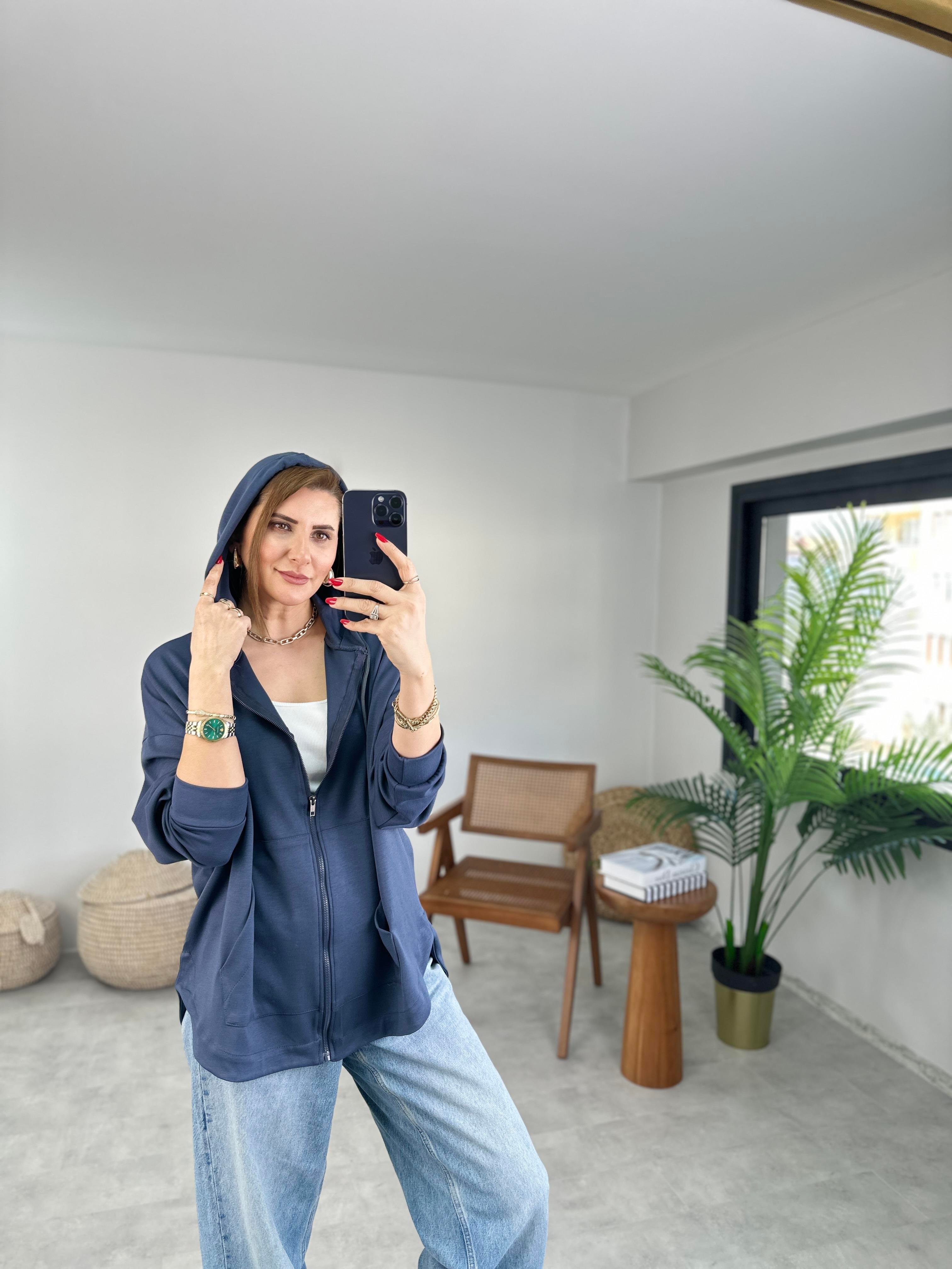 Antrasit Modal Fermuarlı Oversize Ceket